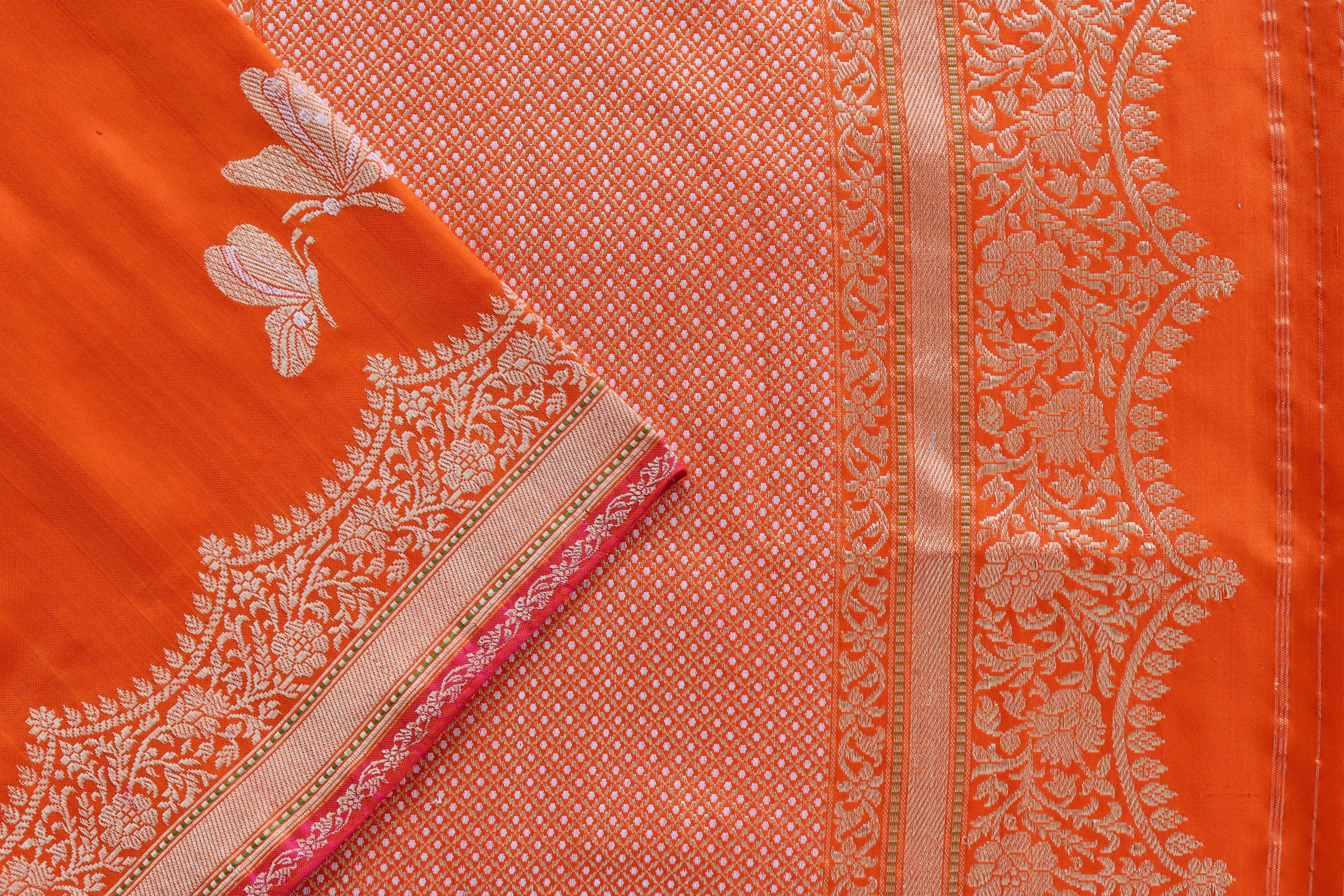 Orange Butterfly Motif Pure Silk Handloom Banarasi Saree