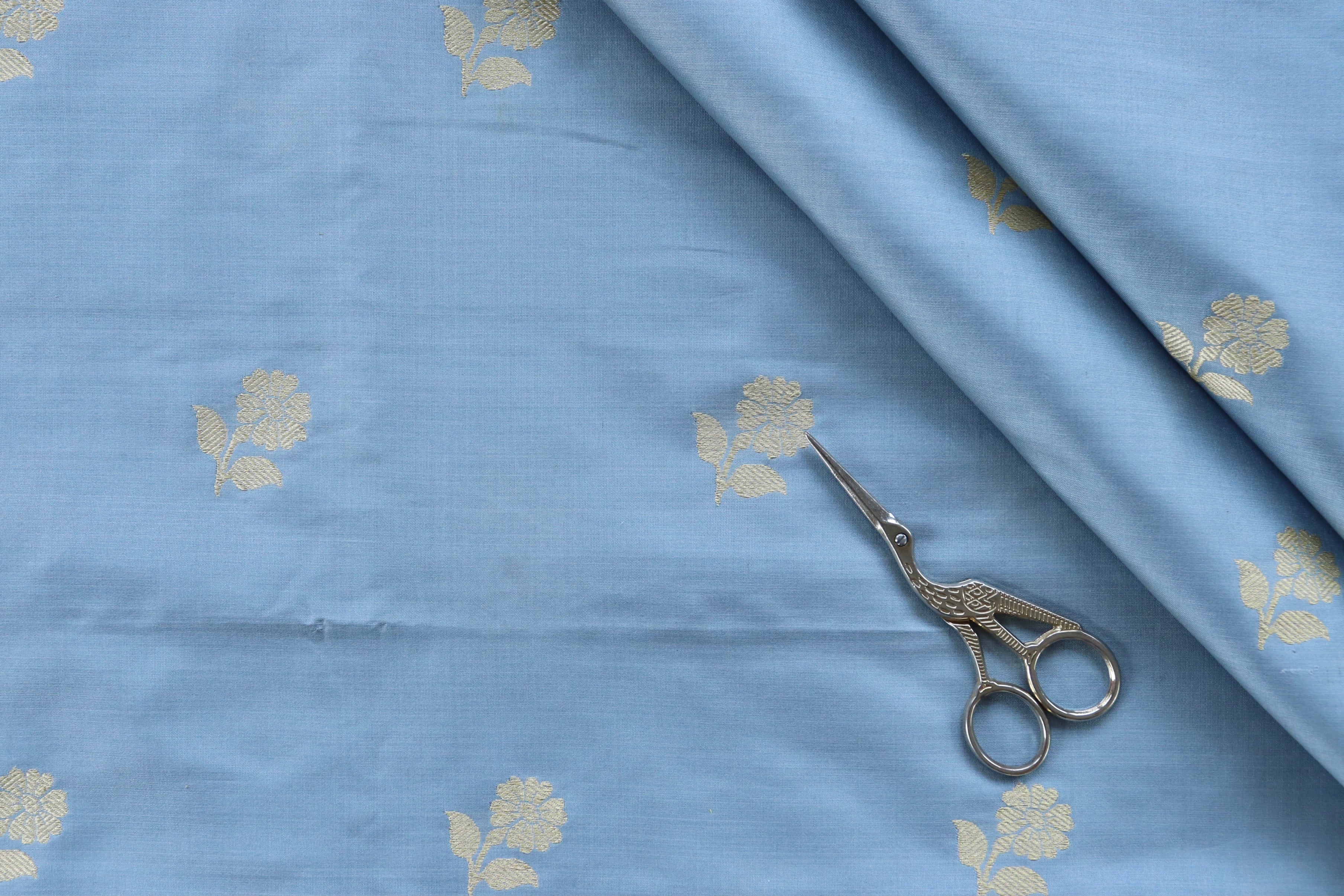 Grey Floral Motif Pure Silk Handloom Banarasi Fabric
