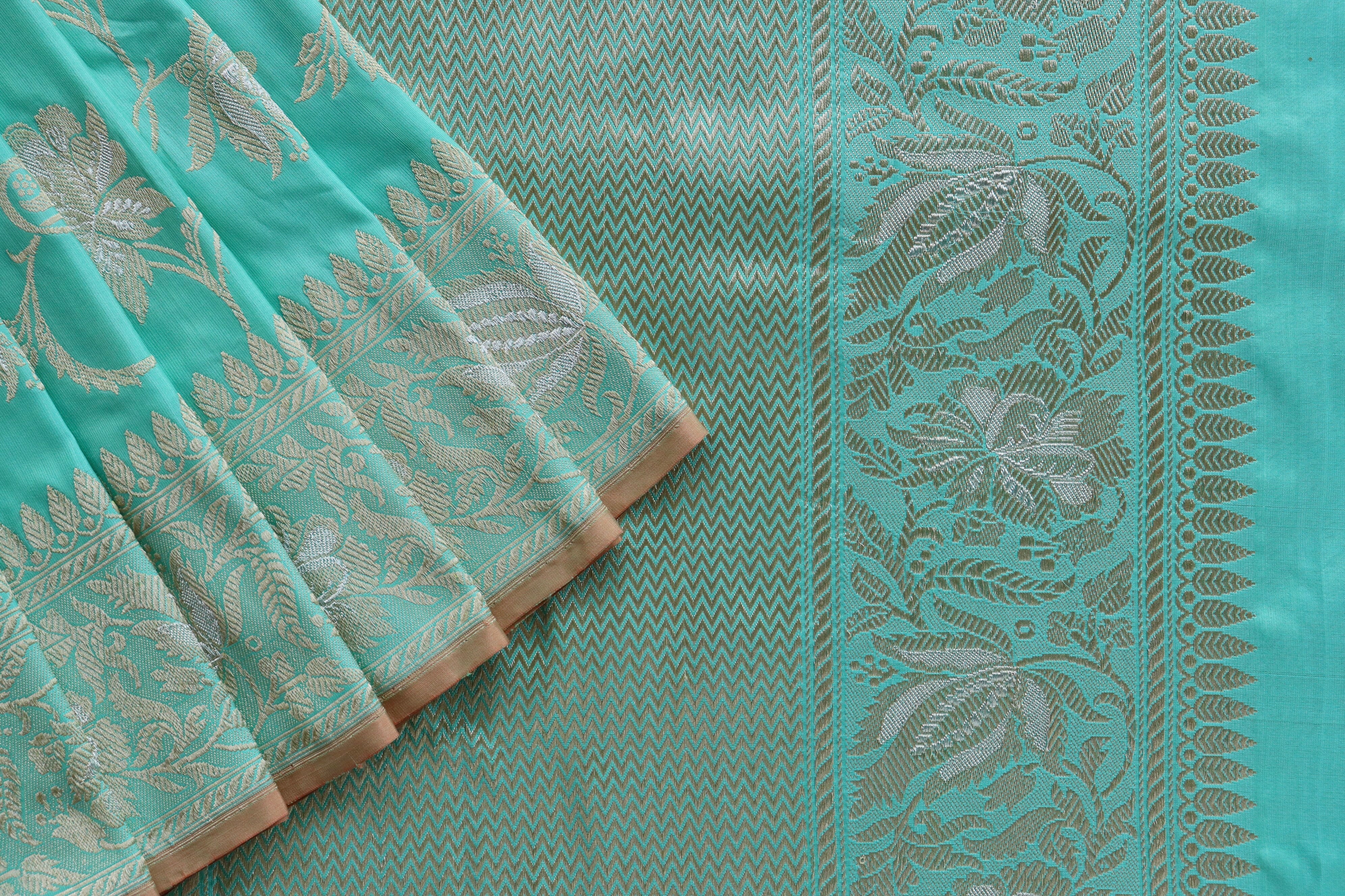 Mint Green Chinar Jangla Pure Silk Handloom Banarasi Saree