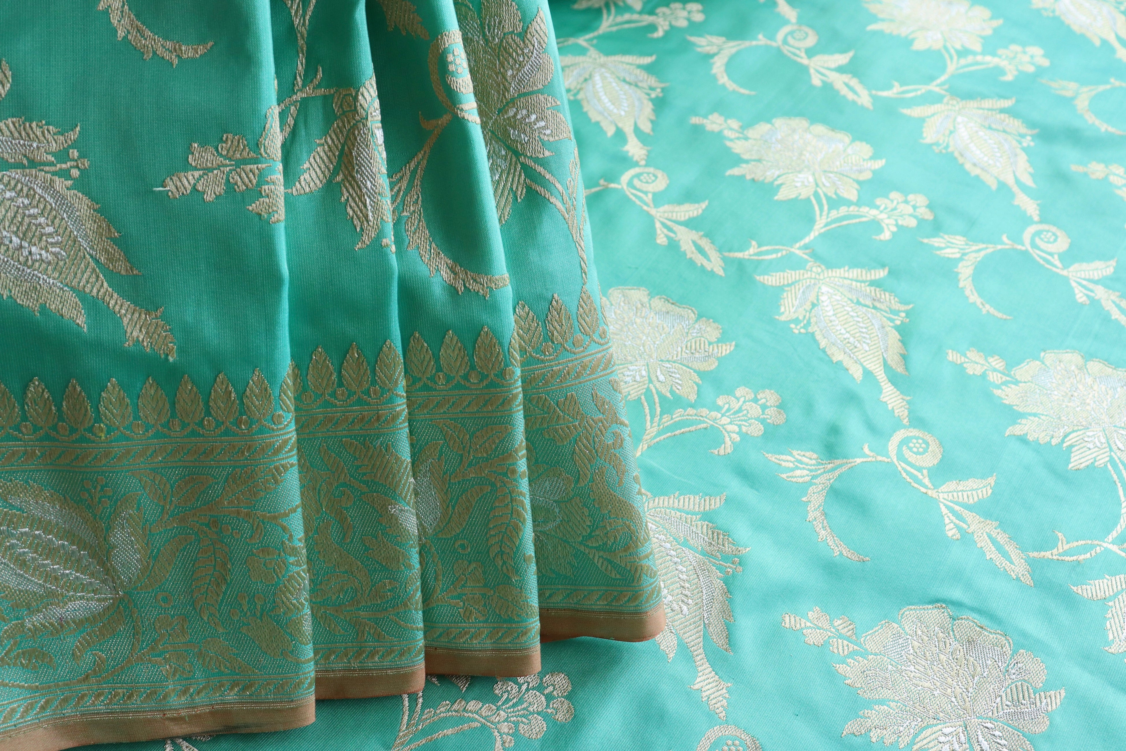 Mint Green Chinar Jangla Pure Silk Handloom Banarasi Saree