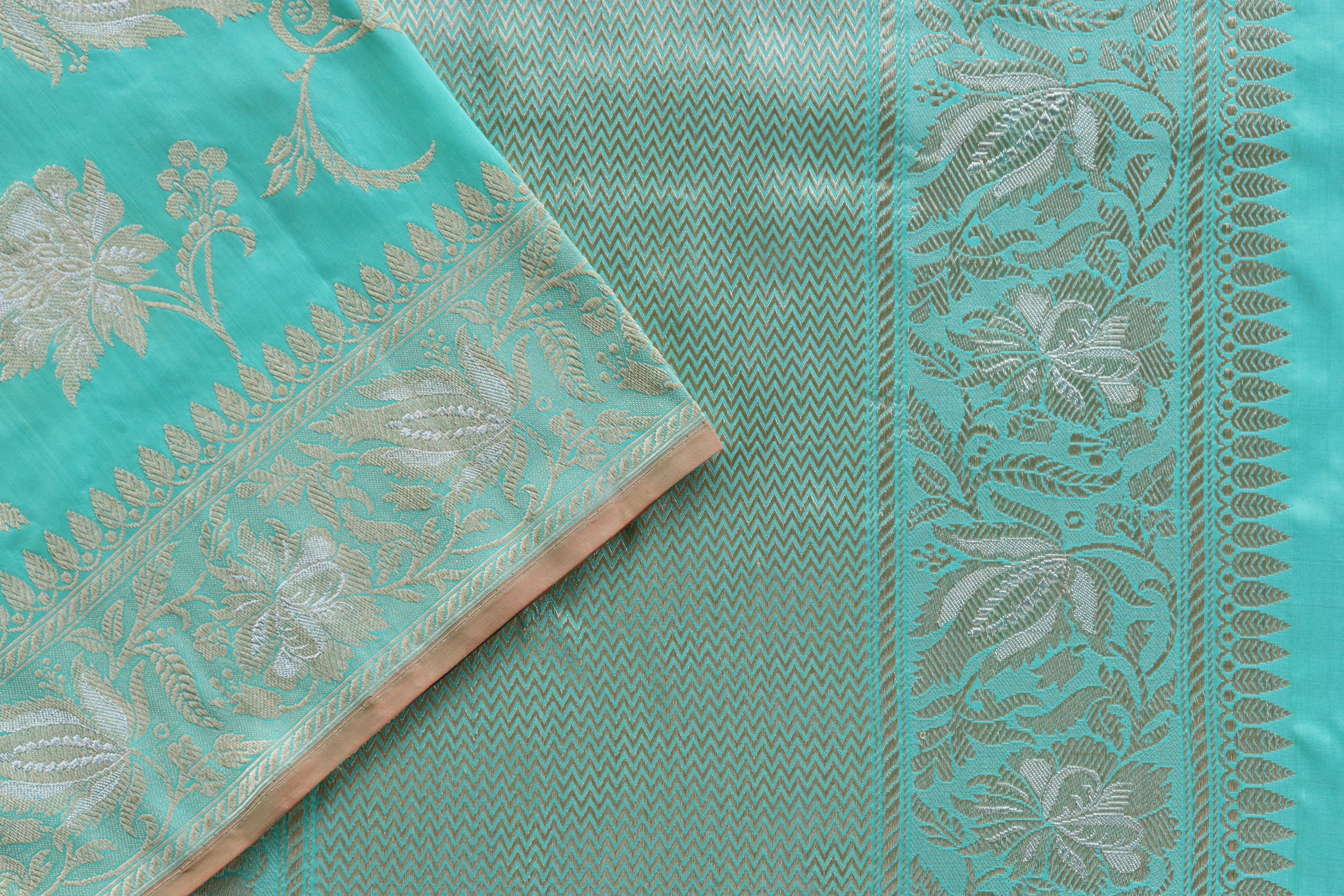 Mint Green Chinar Jangla Pure Silk Handloom Banarasi Saree