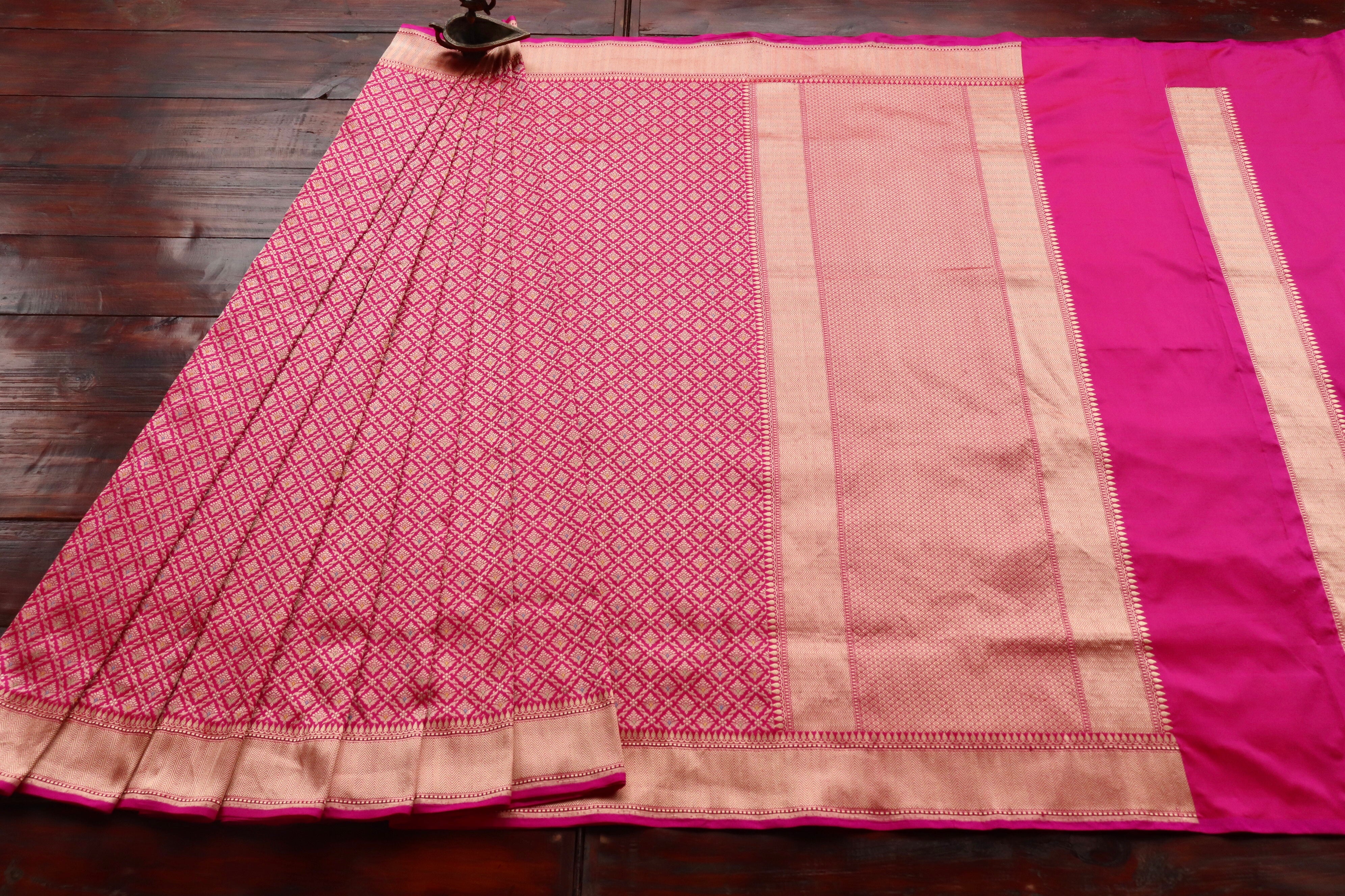 Rani Pink Meenadar Handwoven Banarasi Tanchoi Silk Saree