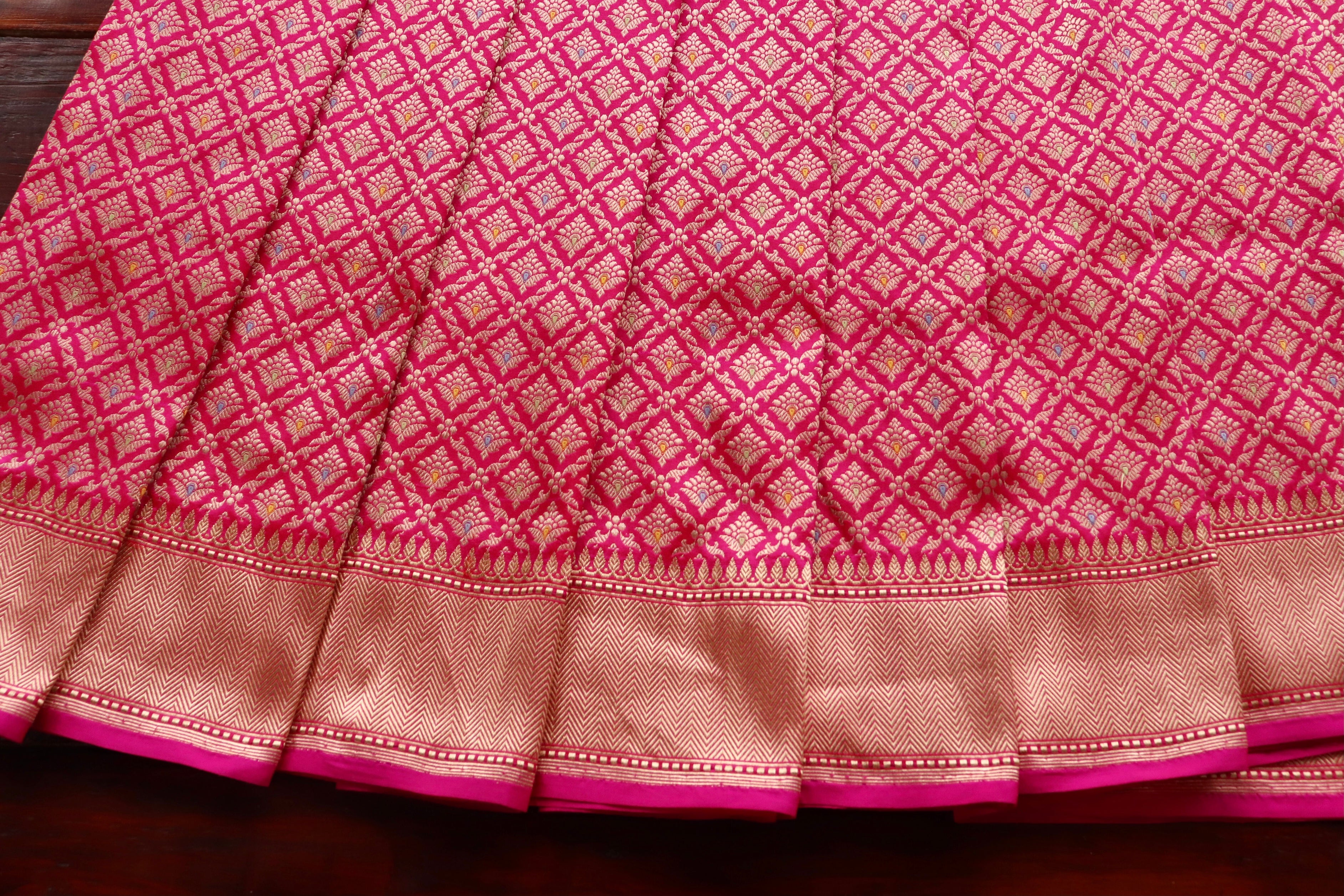 Rani Pink Meenadar Handwoven Banarasi Tanchoi Silk Saree