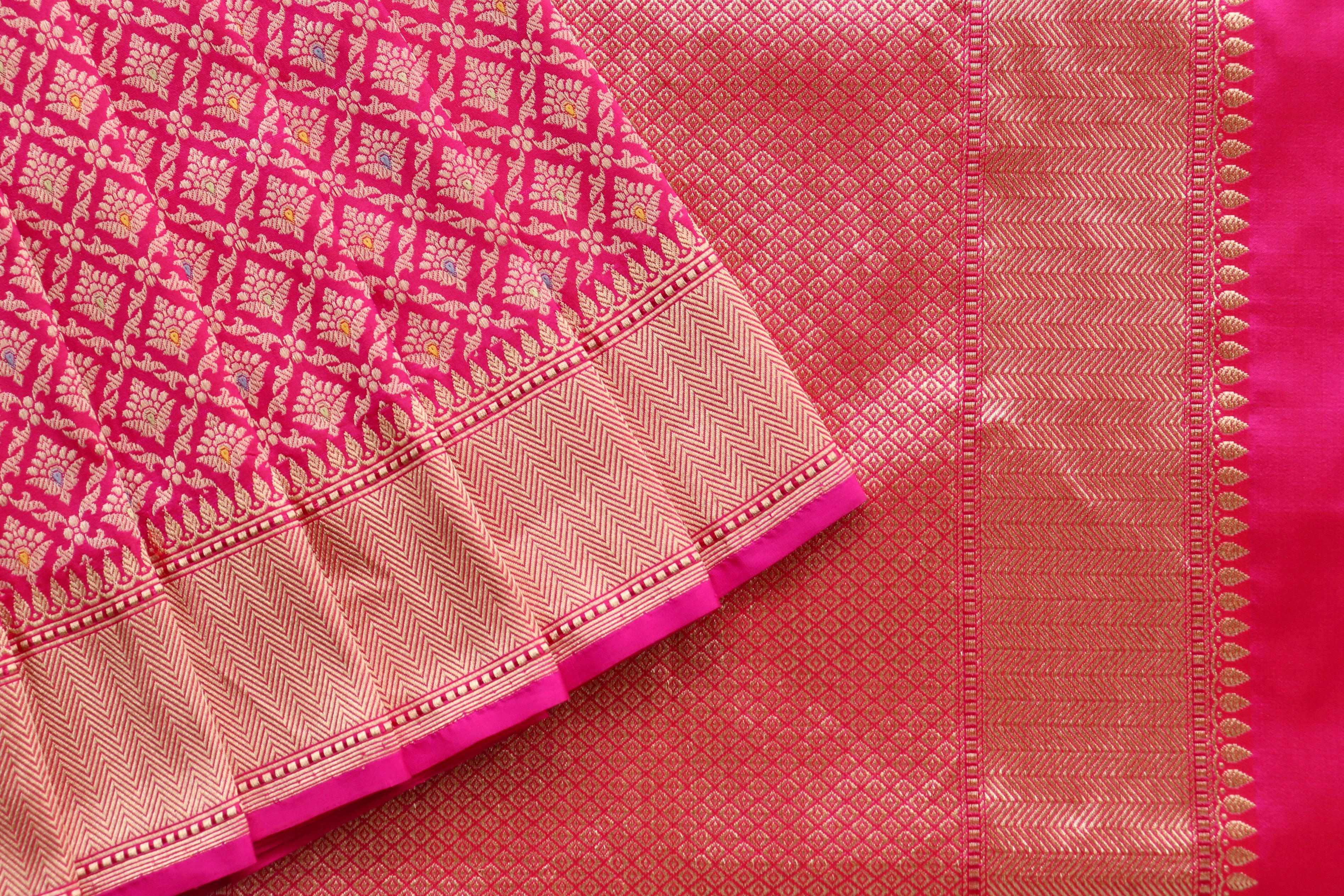 Rani Pink Meenadar Handwoven Banarasi Tanchoi Silk Saree