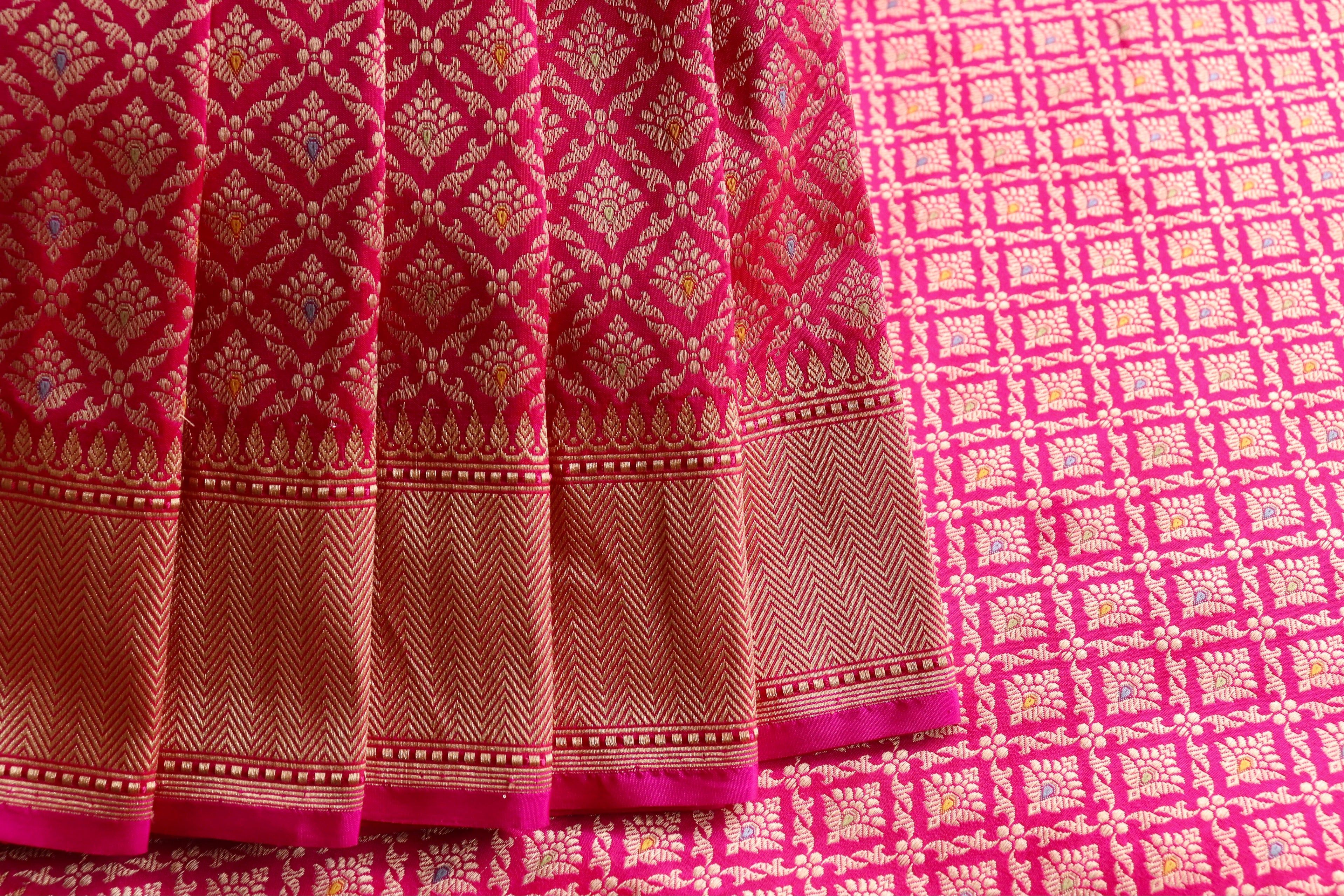 Rani Pink Meenadar Handwoven Banarasi Tanchoi Silk Saree