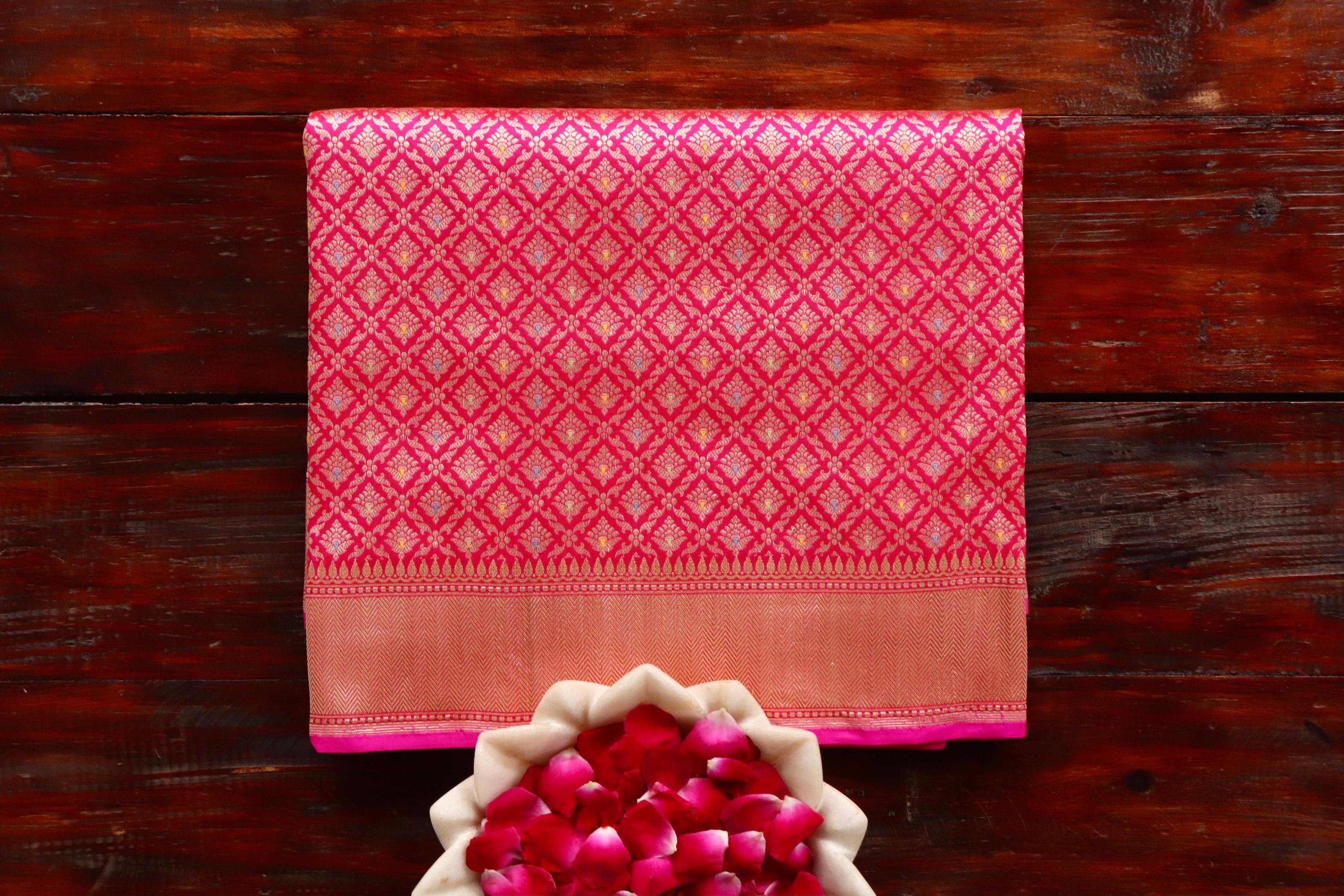 Rani Pink Meenadar Handwoven Banarasi Tanchoi Silk Saree