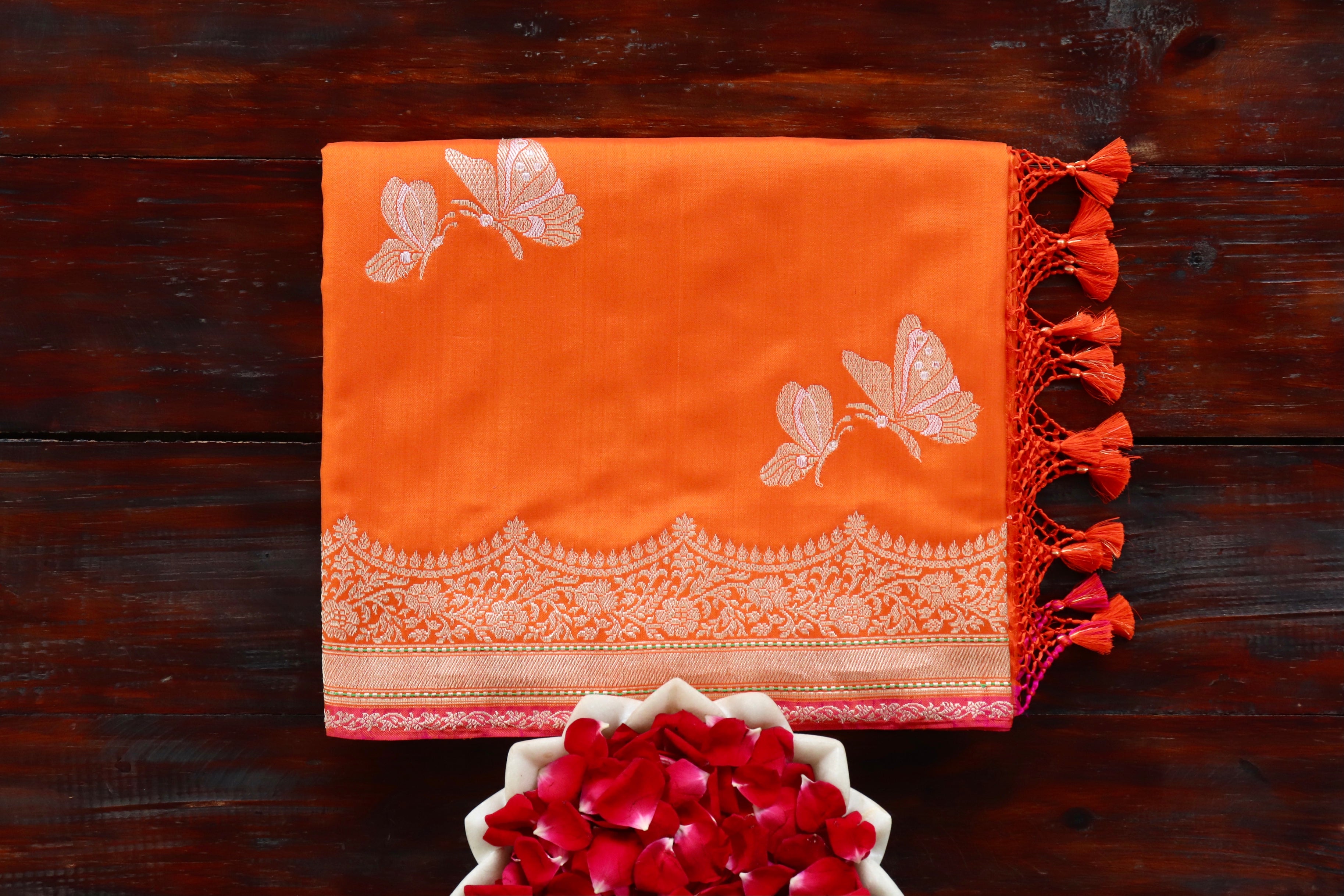 Orange Butterfly Motif Pure Silk Handloom Banarasi Saree