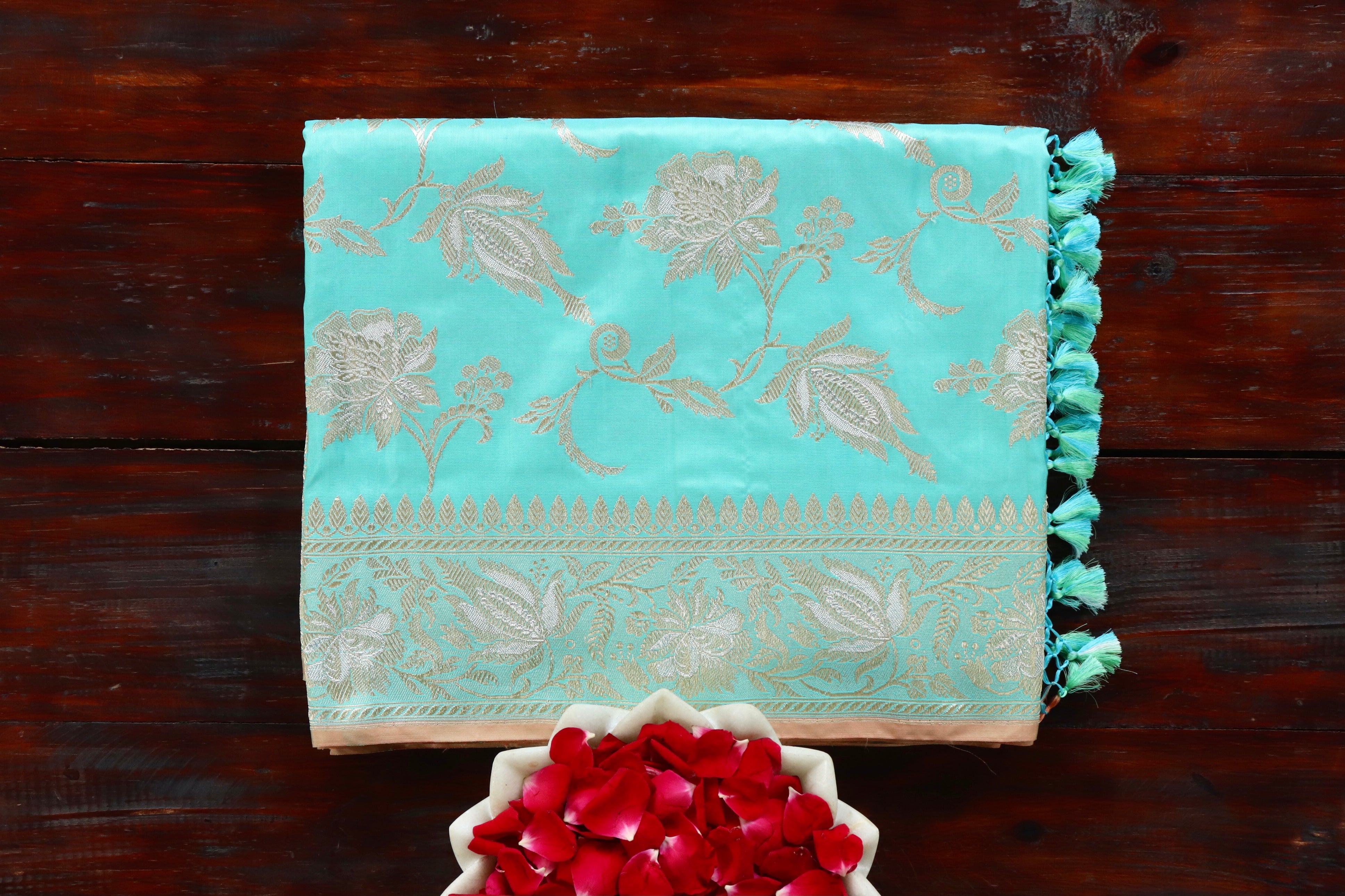 Mint Green Chinar Jangla Pure Silk Handloom Banarasi Saree