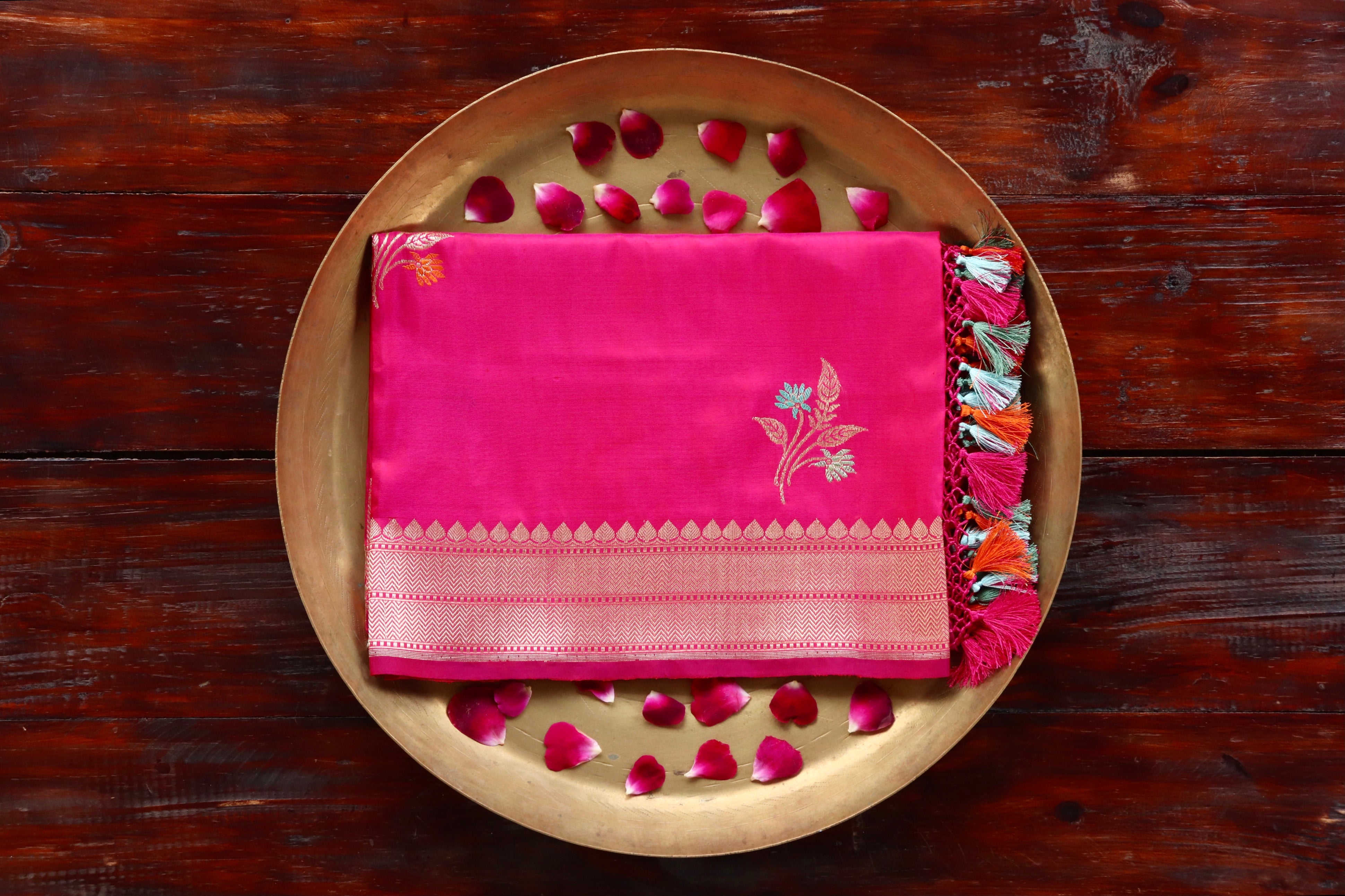 Pink Leaf Motif Pure Silk Handloom Banarasi Dupatta