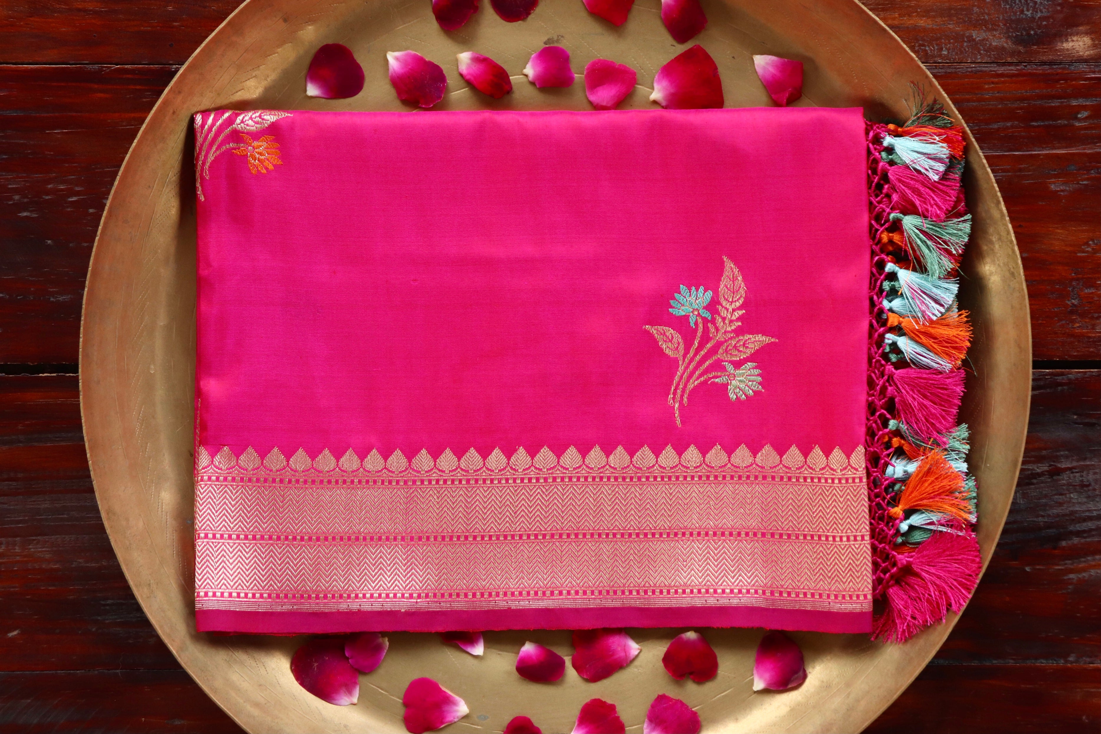Pink Leaf Motif Pure Silk Handloom Banarasi Dupatta
