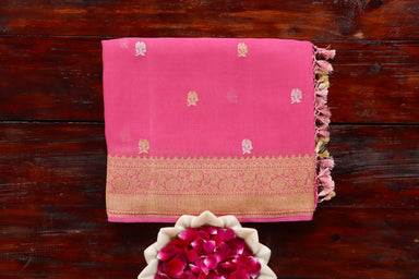Pink handloom Banarsi saree with kadhua motifs in Khadi Georgette silk