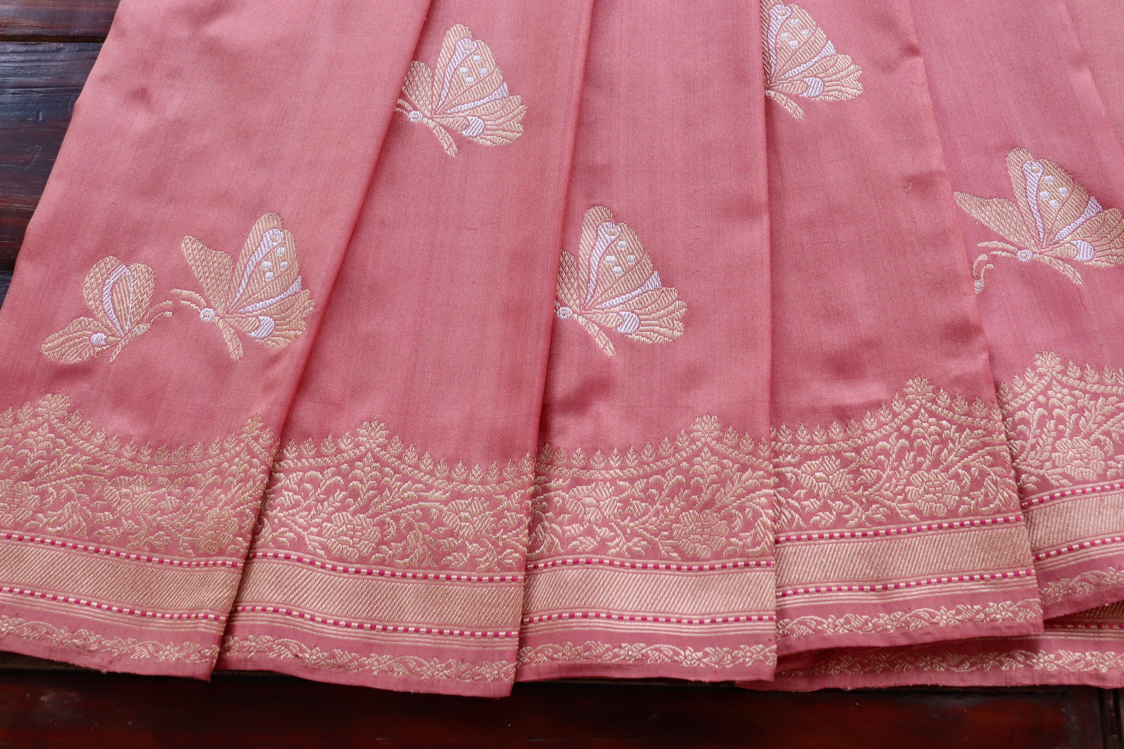 Salmon Butterfly Motif Pure Silk Handloom Banarasi Saree