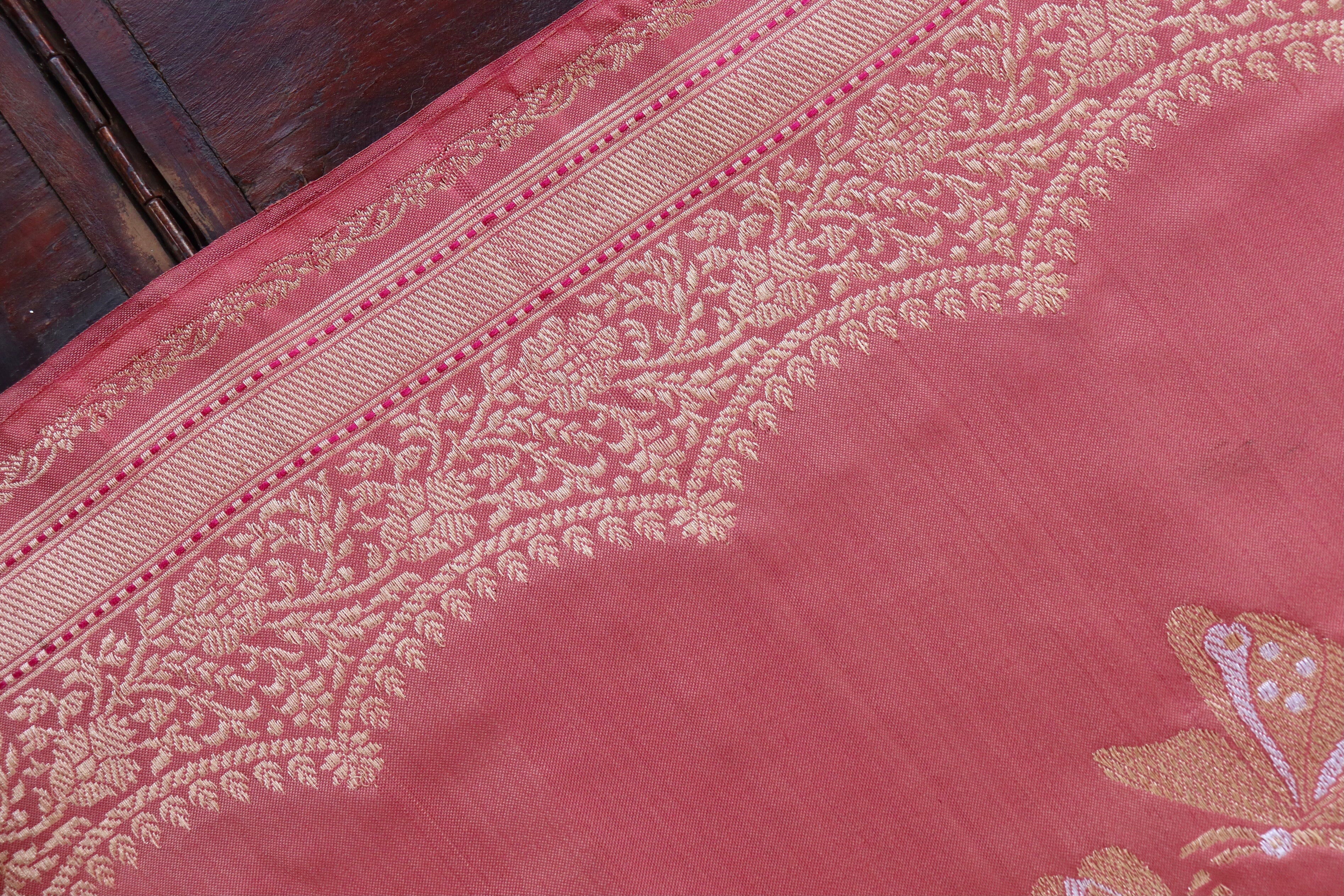 Salmon Butterfly Motif Pure Silk Handloom Banarasi Saree