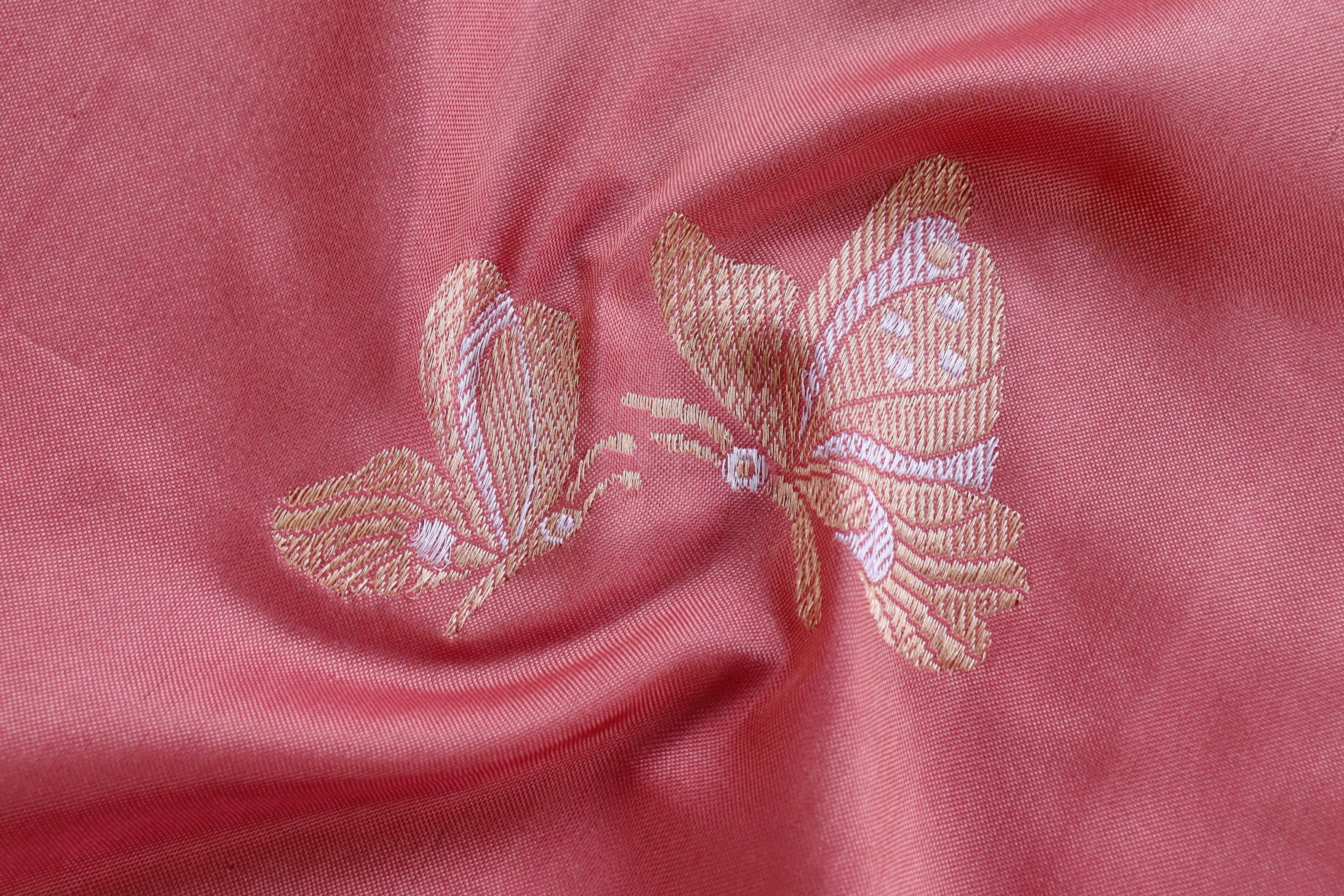 Salmon Butterfly Motif Pure Silk Handloom Banarasi Saree