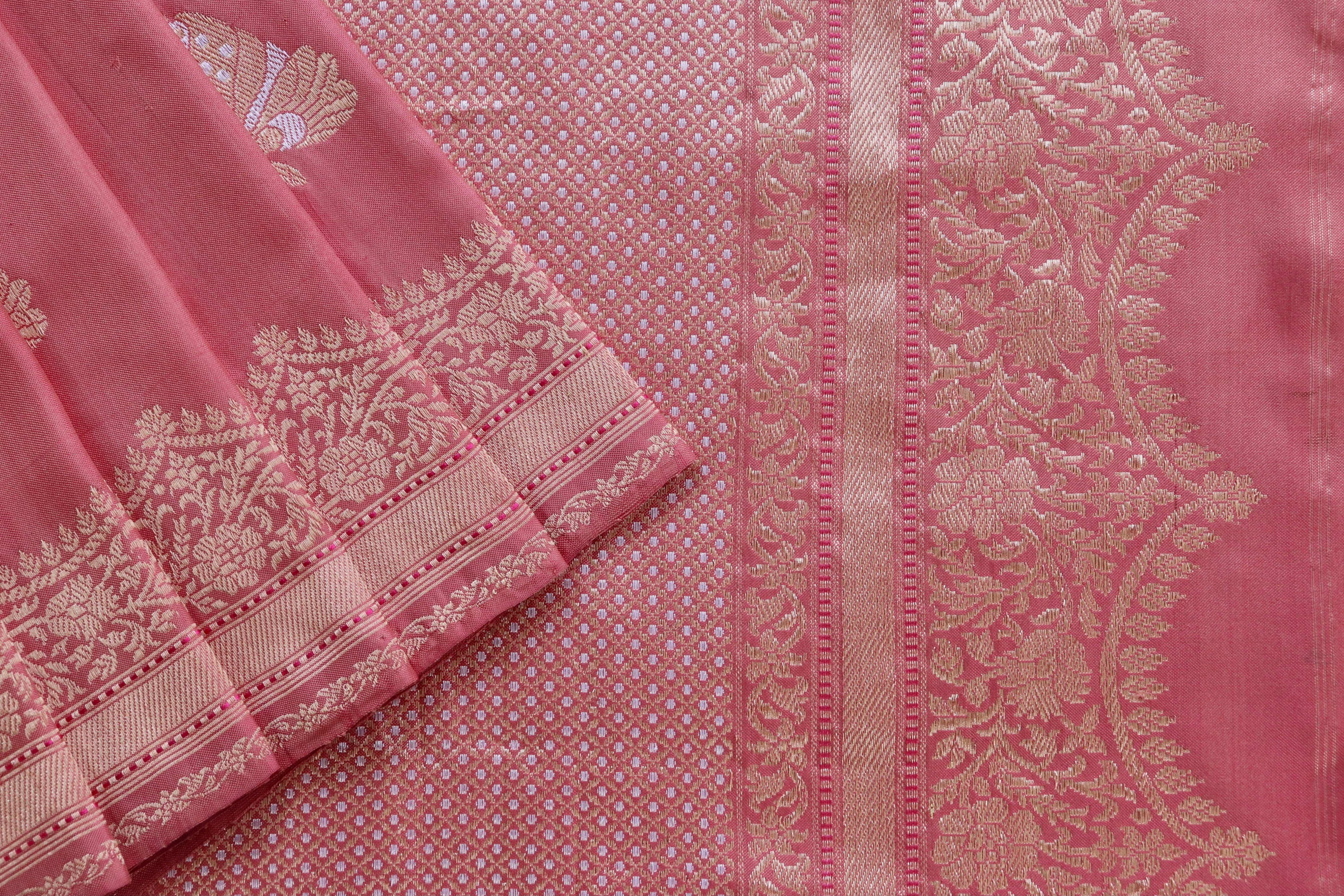 Salmon Butterfly Motif Pure Silk Handloom Banarasi Saree