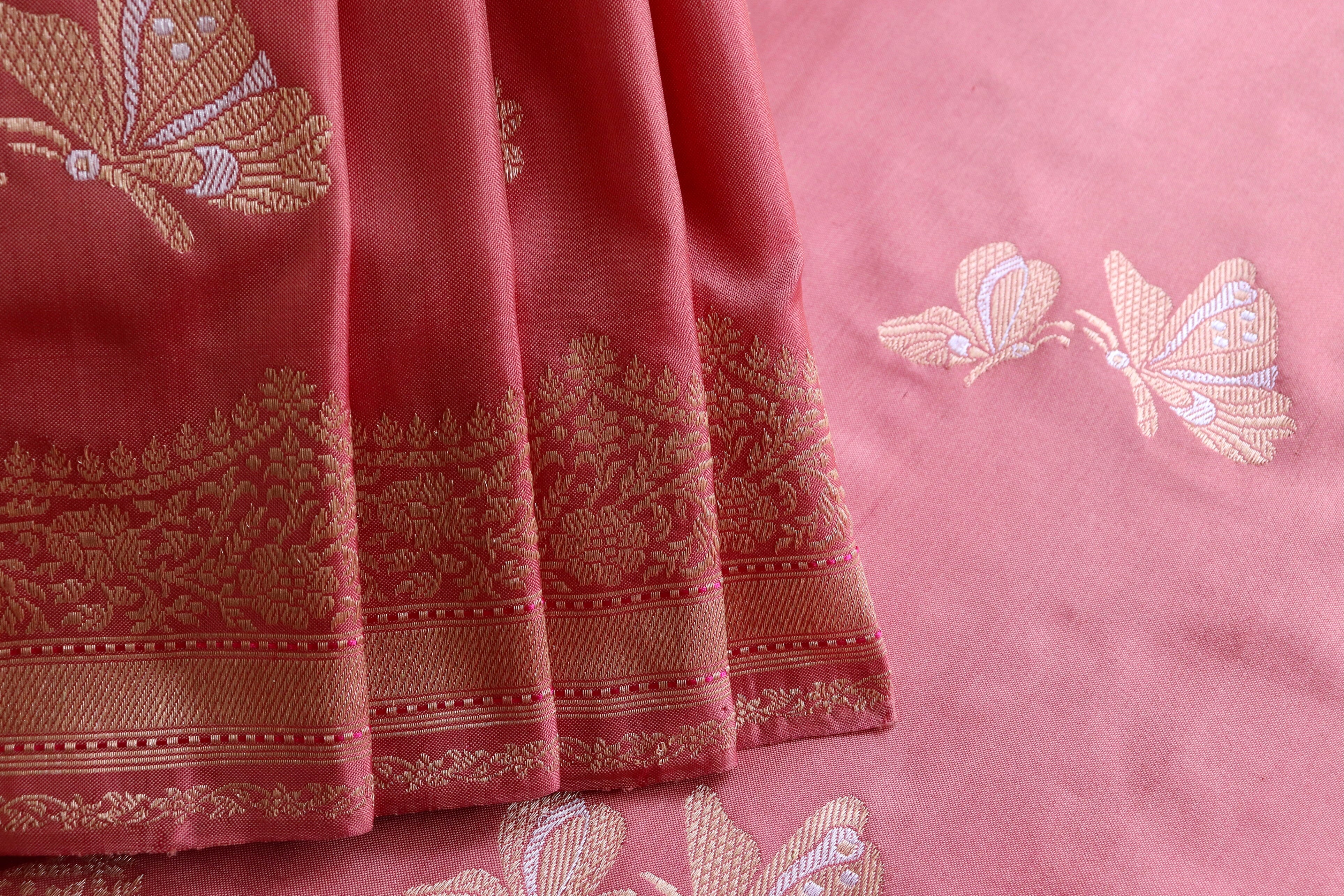 Salmon Butterfly Motif Pure Silk Handloom Banarasi Saree