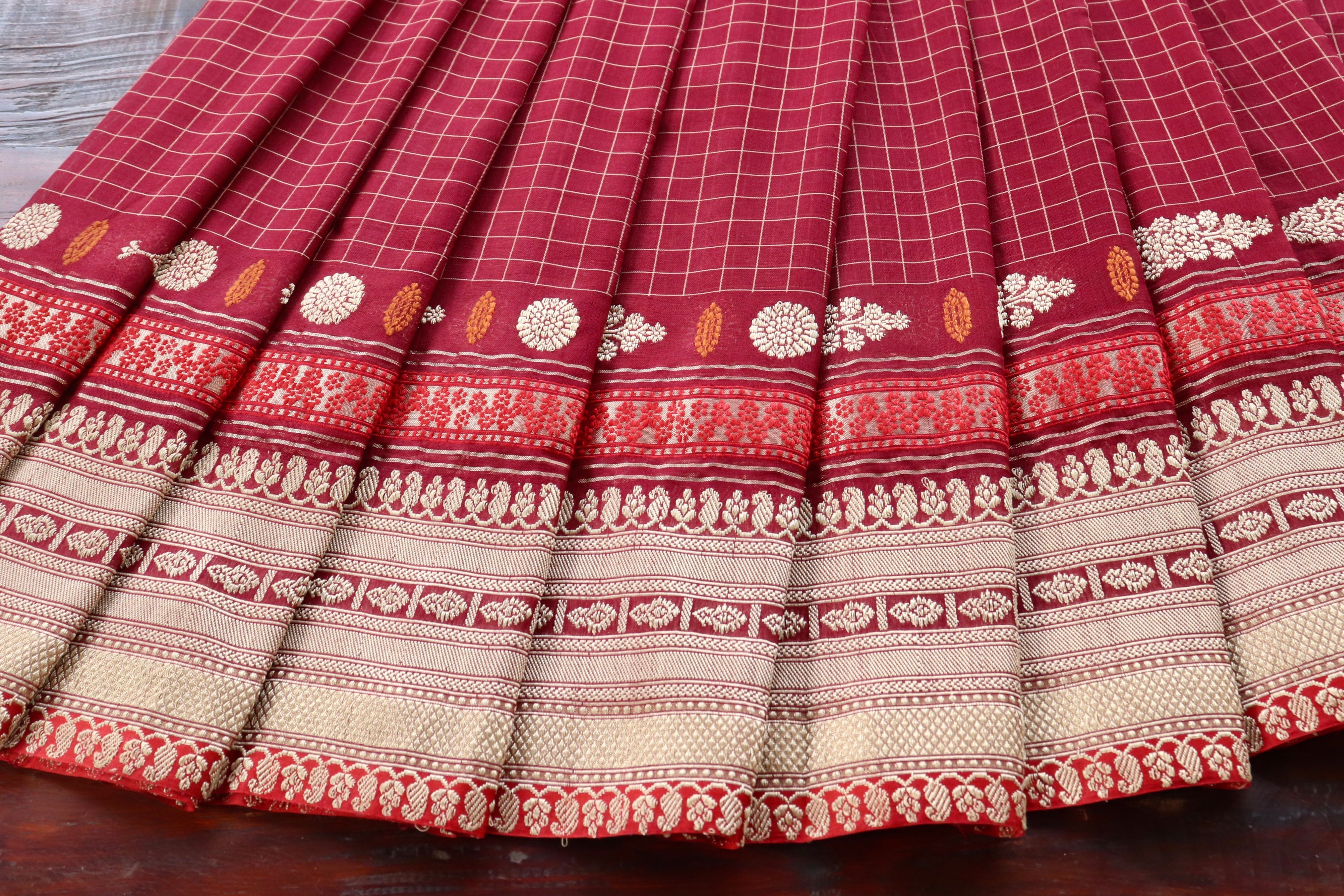 Maroon Red Charkhana Cotton Handloom Saree