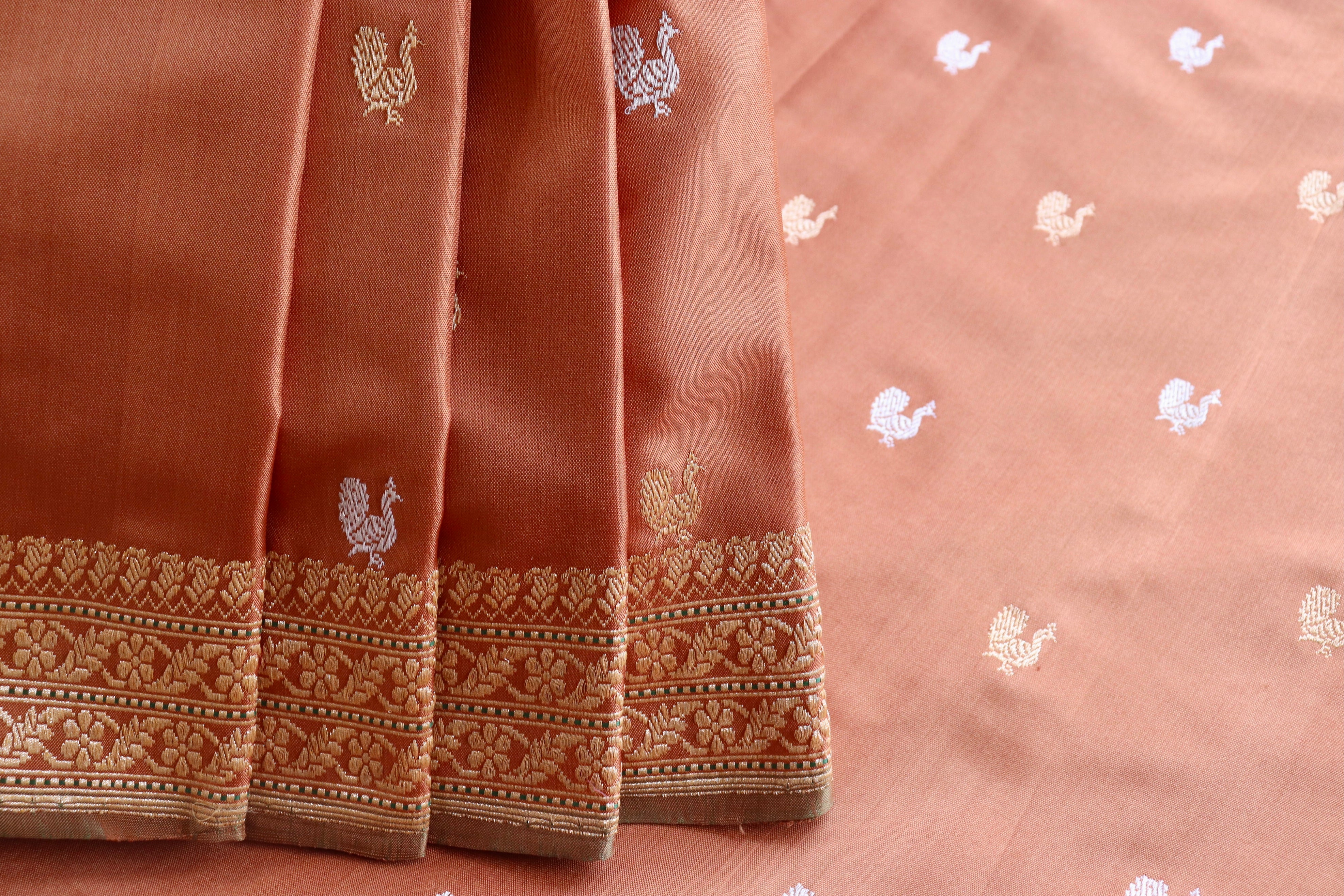 Brown Peacock Motif Pure Silk Handloom Banarasi Saree