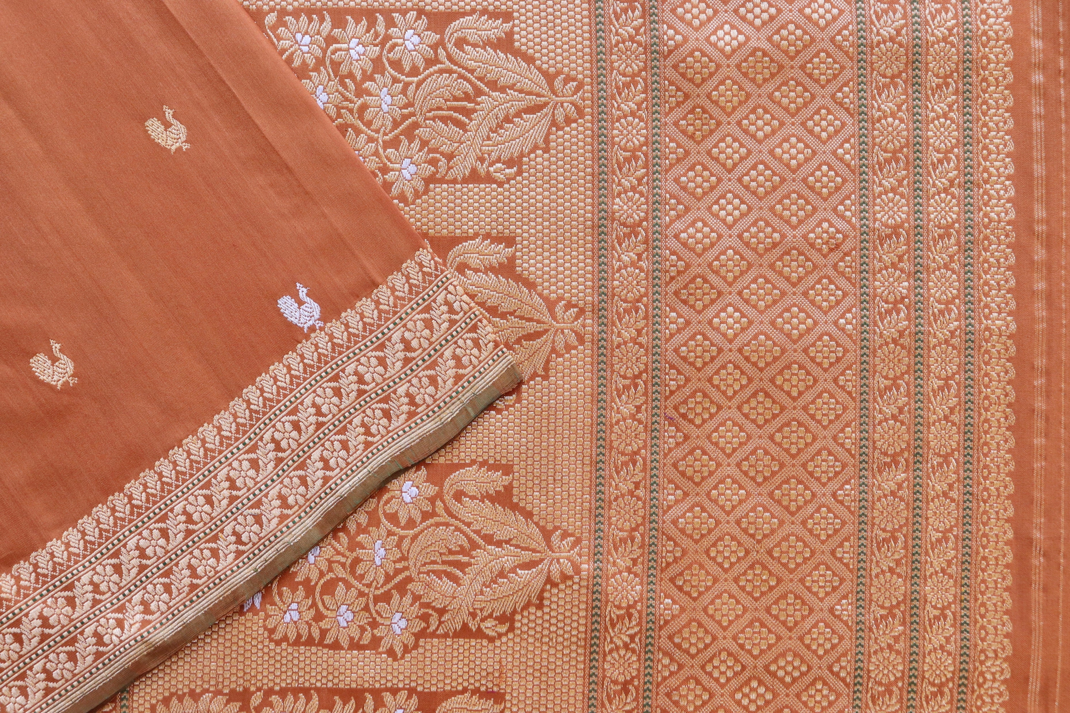 Brown Peacock Motif Pure Silk Handloom Banarasi Saree