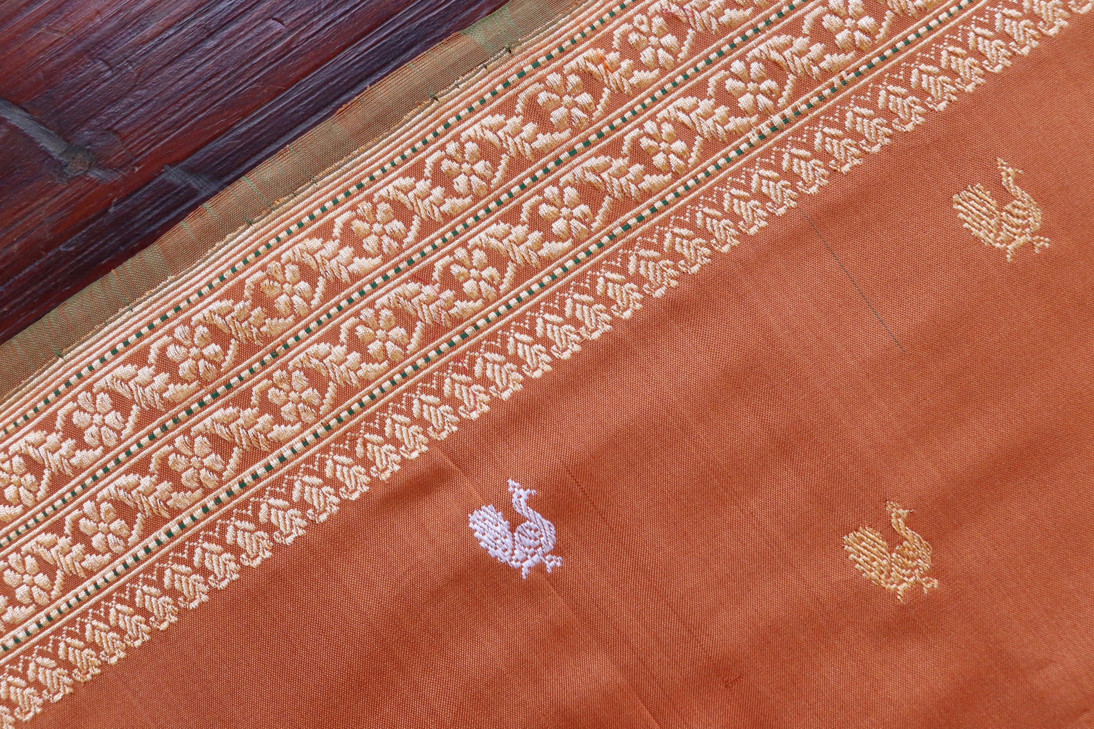 Brown Peacock Motif Pure Silk Handloom Banarasi Saree