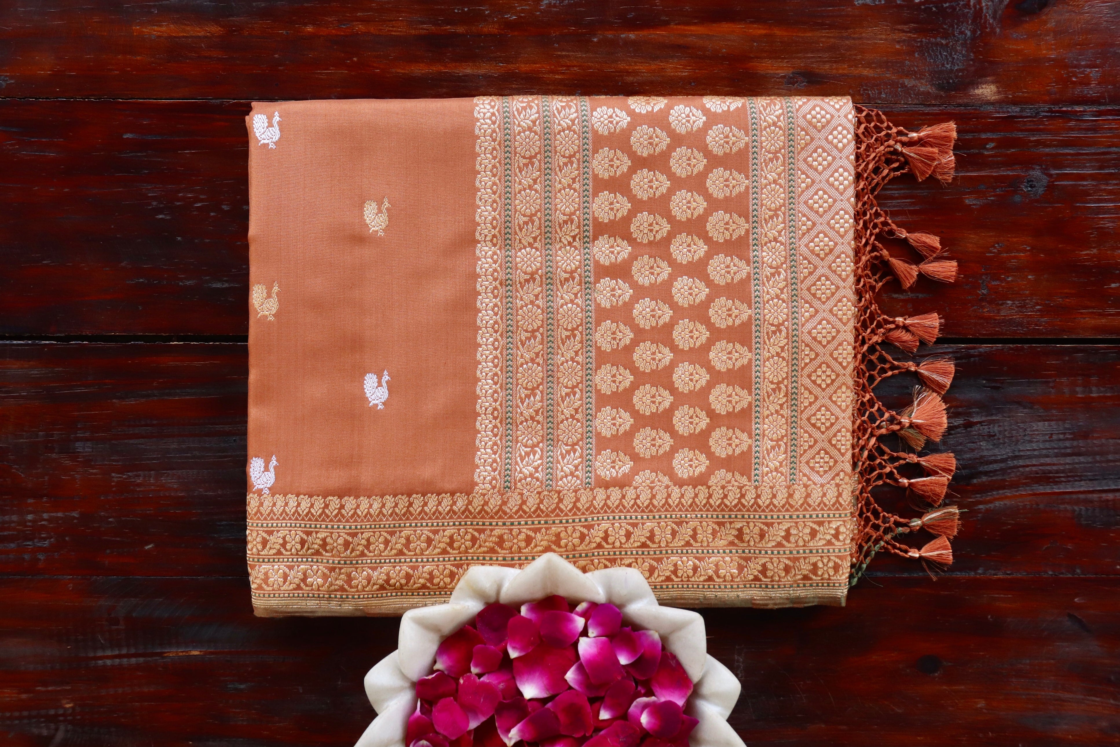 Brown Peacock Motif Pure Silk Handloom Banarasi Saree