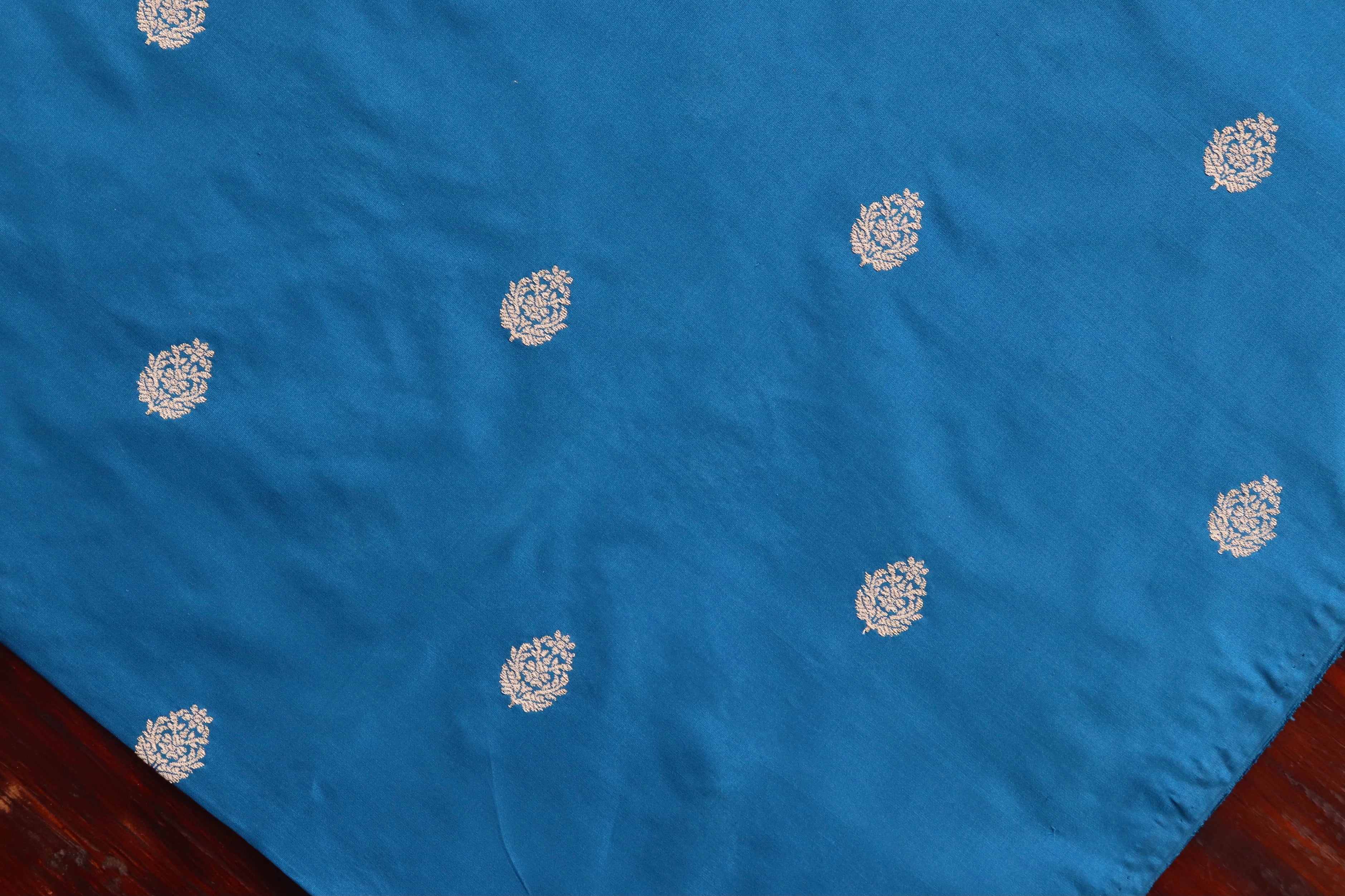 Peacock Blue Floral Motif Pure Silk Handloom Banarasi Fabric