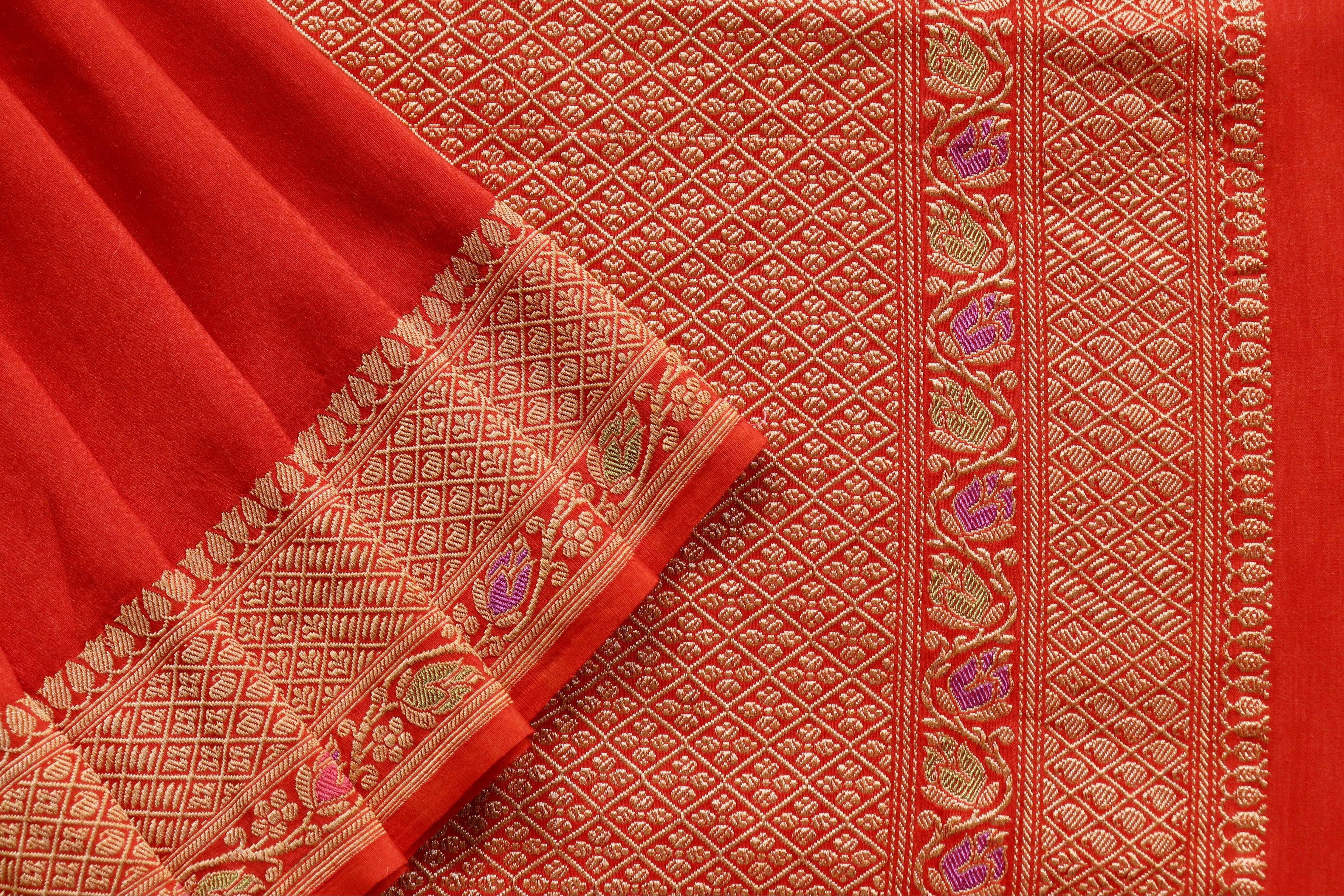 Red Orange Motif Munga Silk Handloom Saree