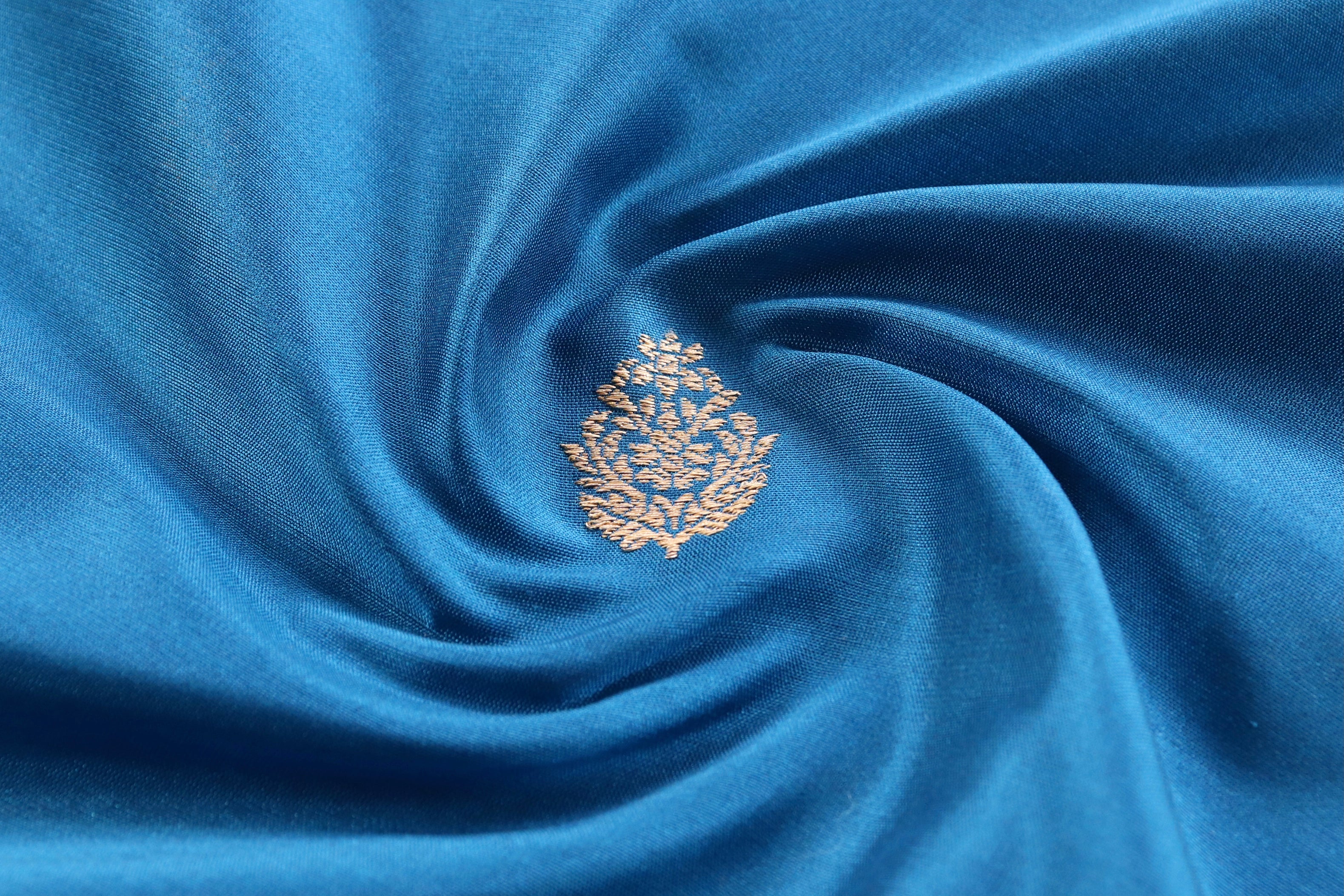Peacock Blue Floral Motif Pure Silk Handloom Banarasi Fabric
