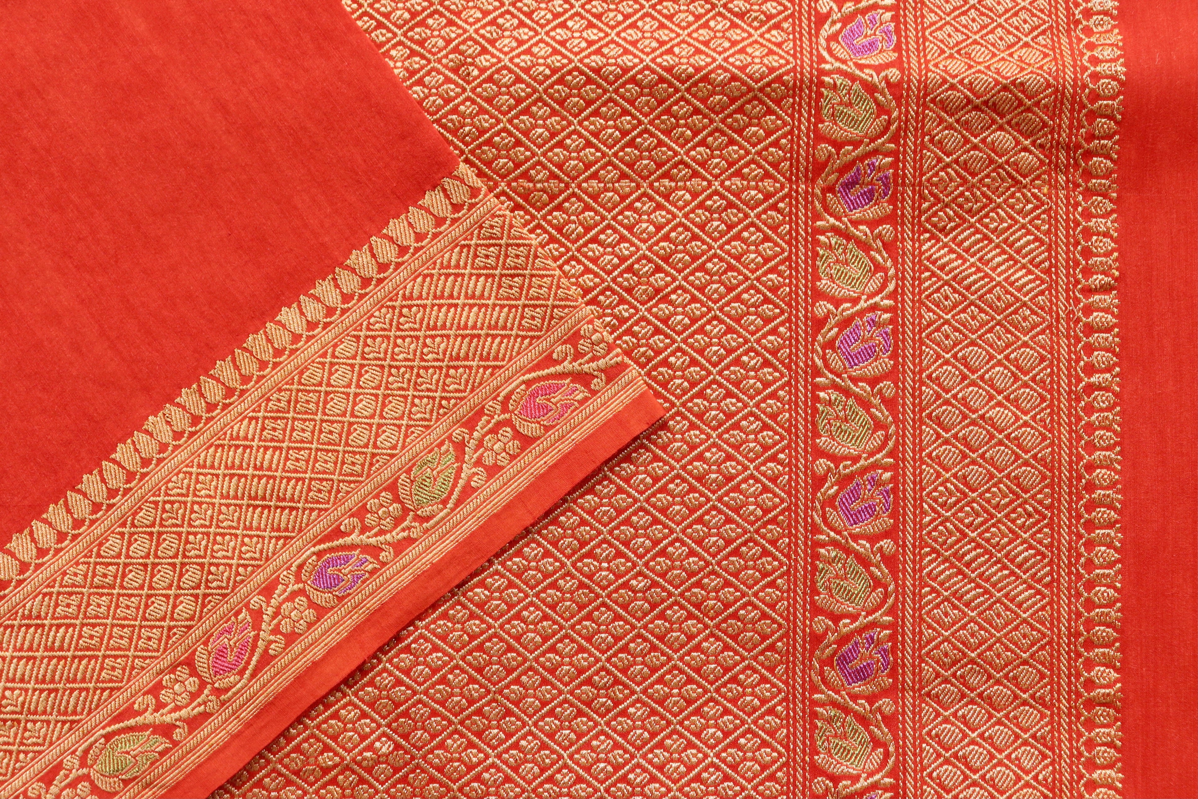 Red Orange Motif Munga Silk Handloom Saree