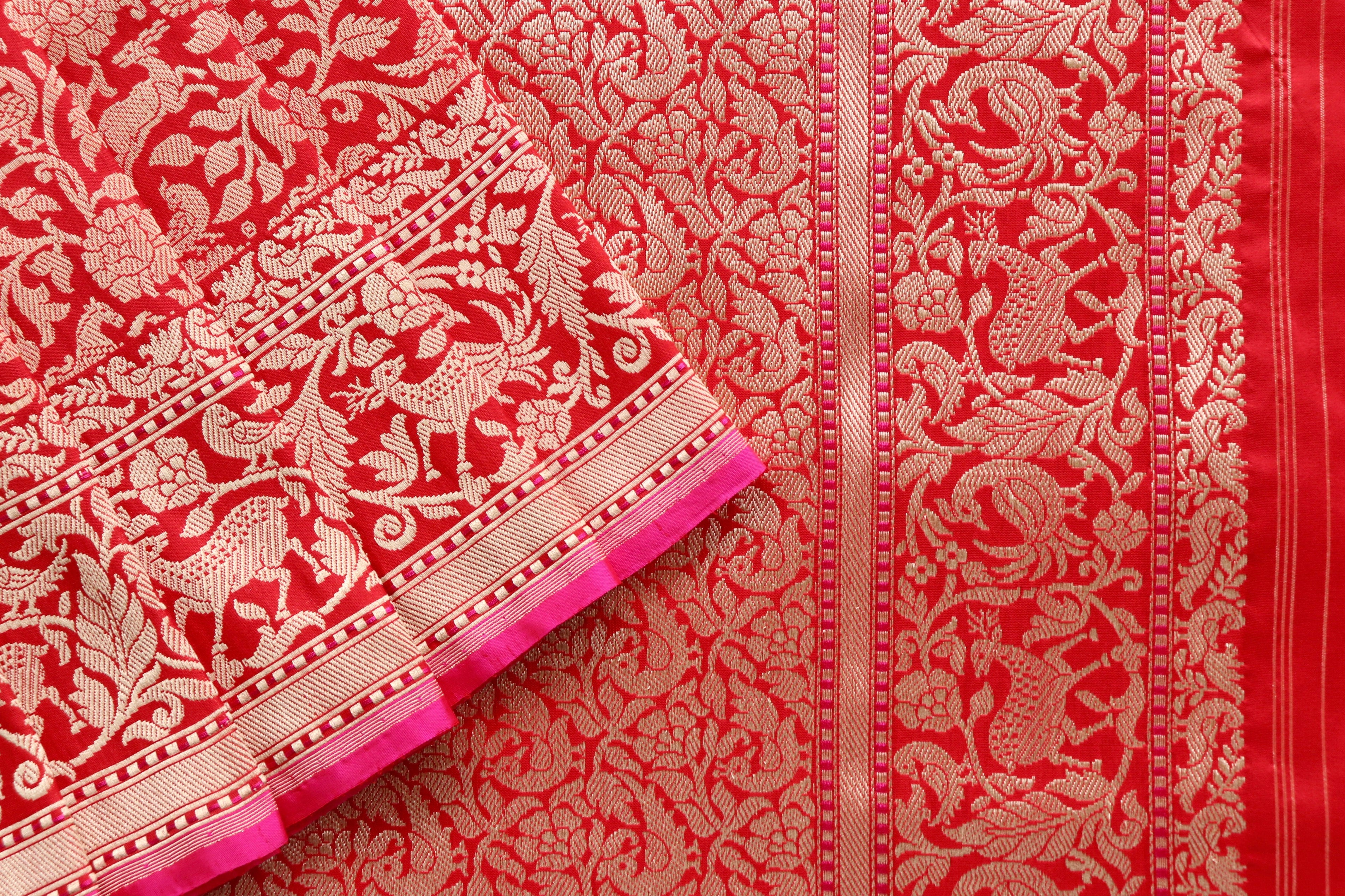 Red Shikargah Pure Silk Handloom Banarasi Saree