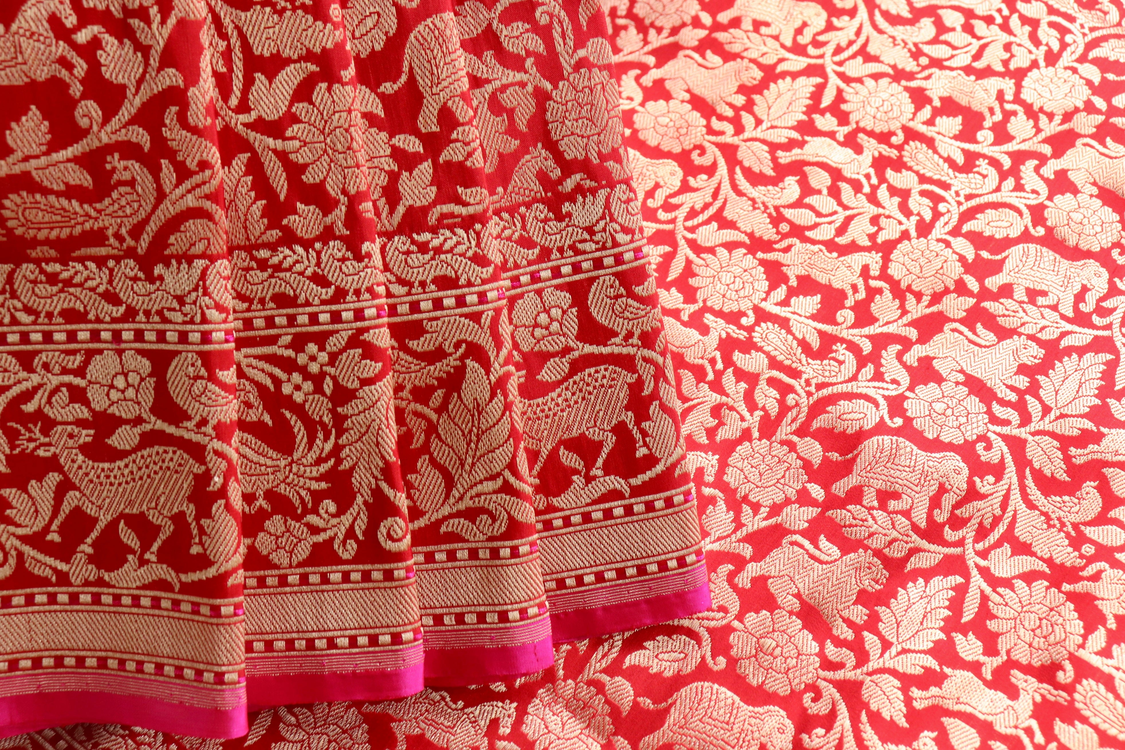 Red Shikargah Pure Silk Handloom Banarasi Saree