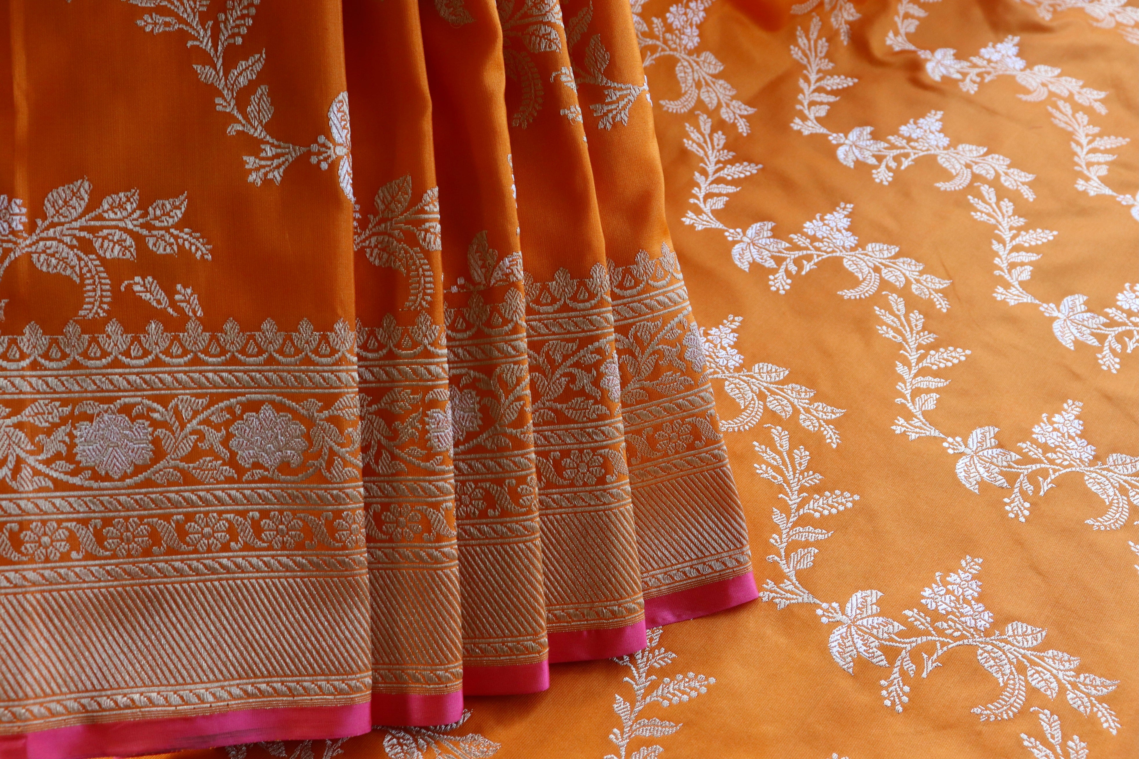 Orange Kadhua Phool Jangla Katan Silk Saree