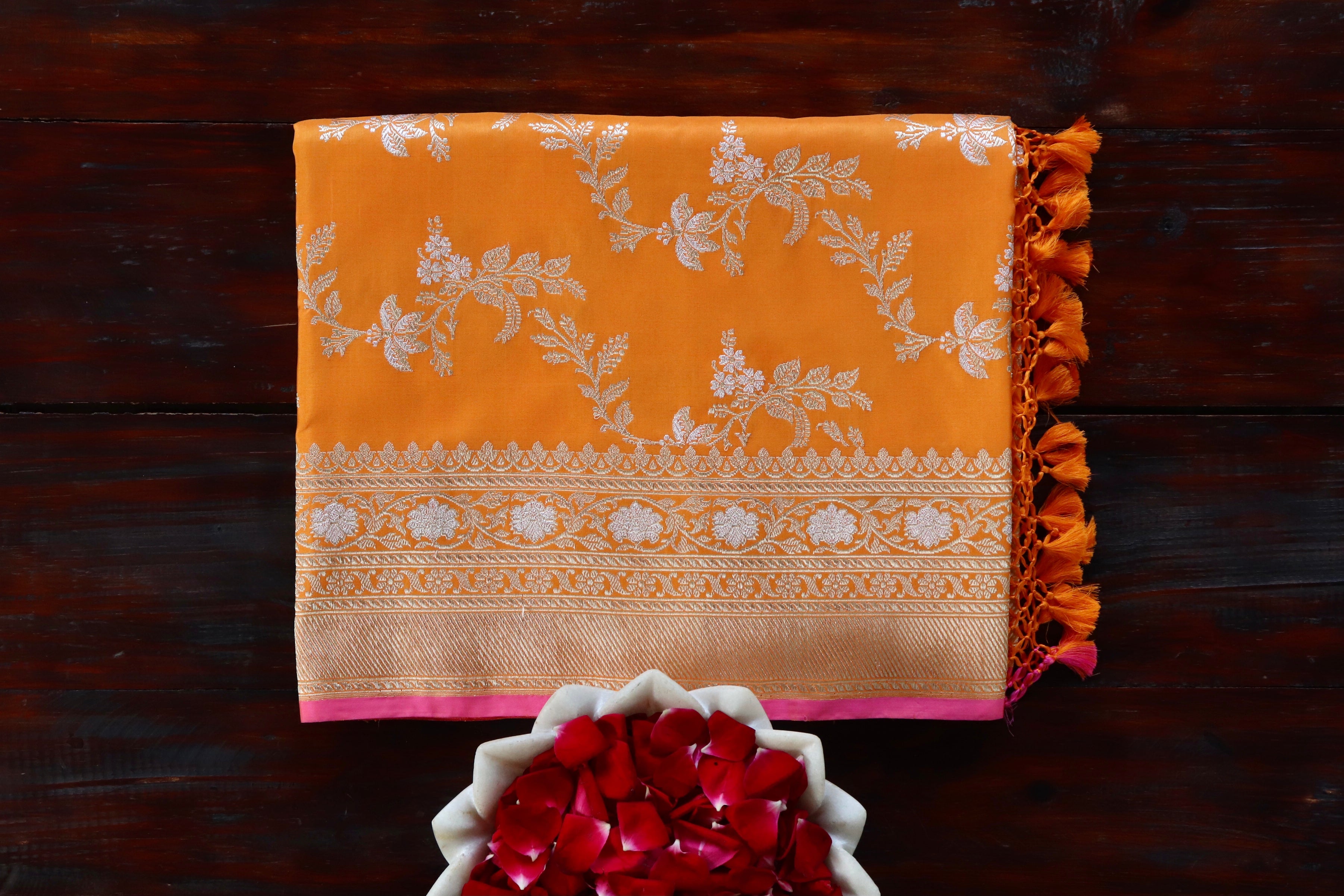 Orange Kadhua Phool Jangla Katan Silk Saree