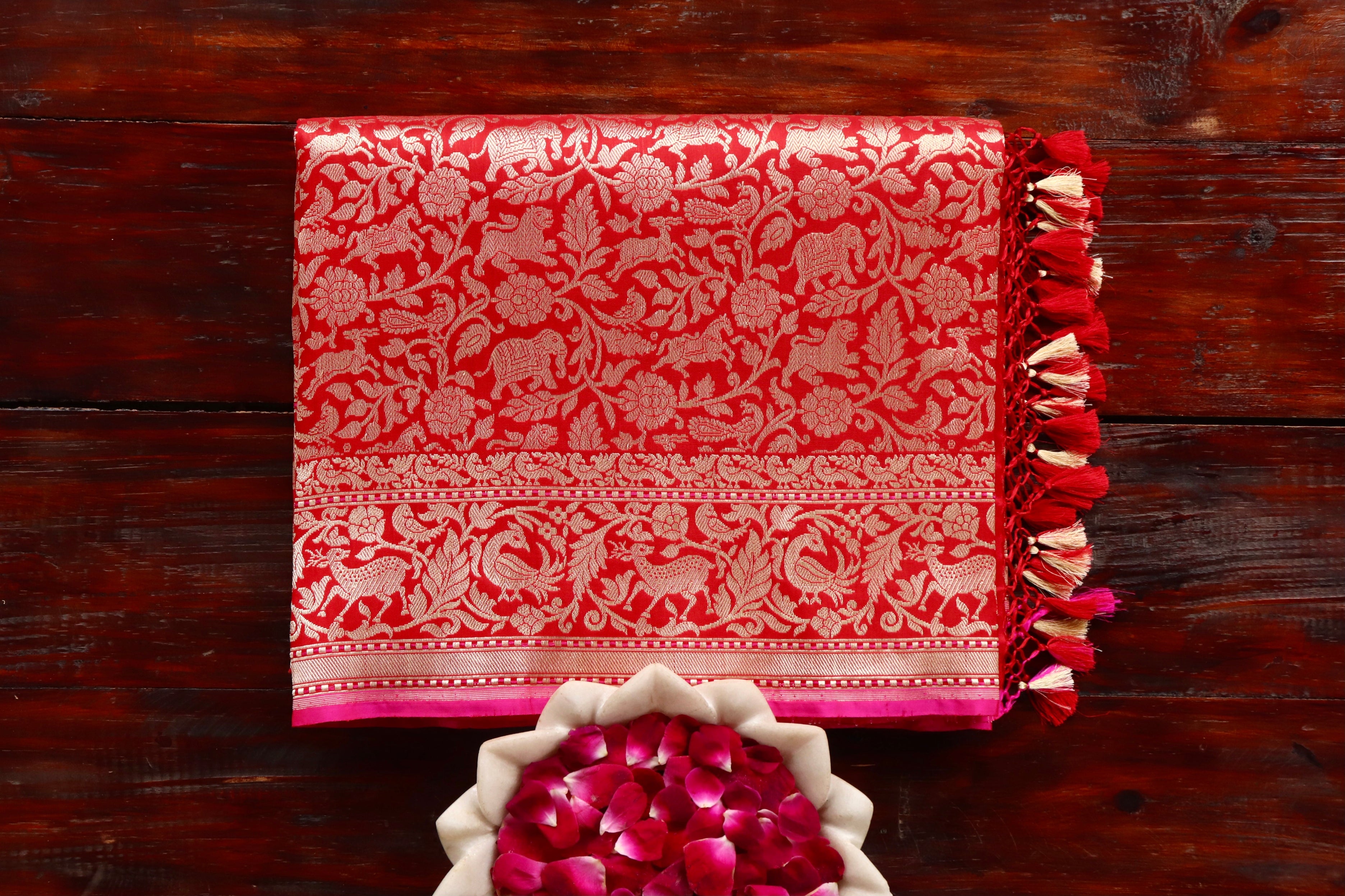 Red Shikargah Pure Silk Handloom Banarasi Saree