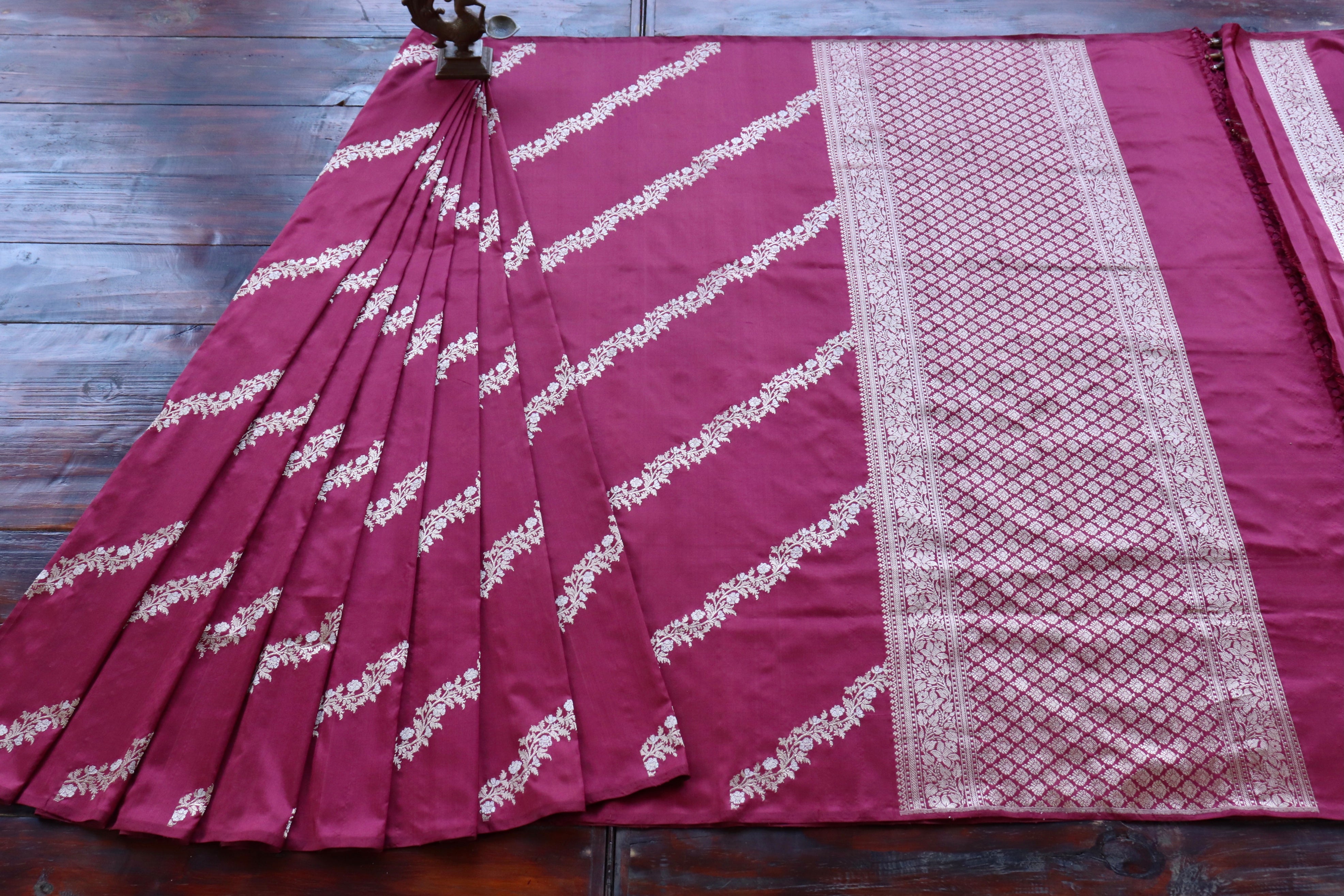 Burgundy Aada Jangla Pure Kora Silk Banarasi Saree