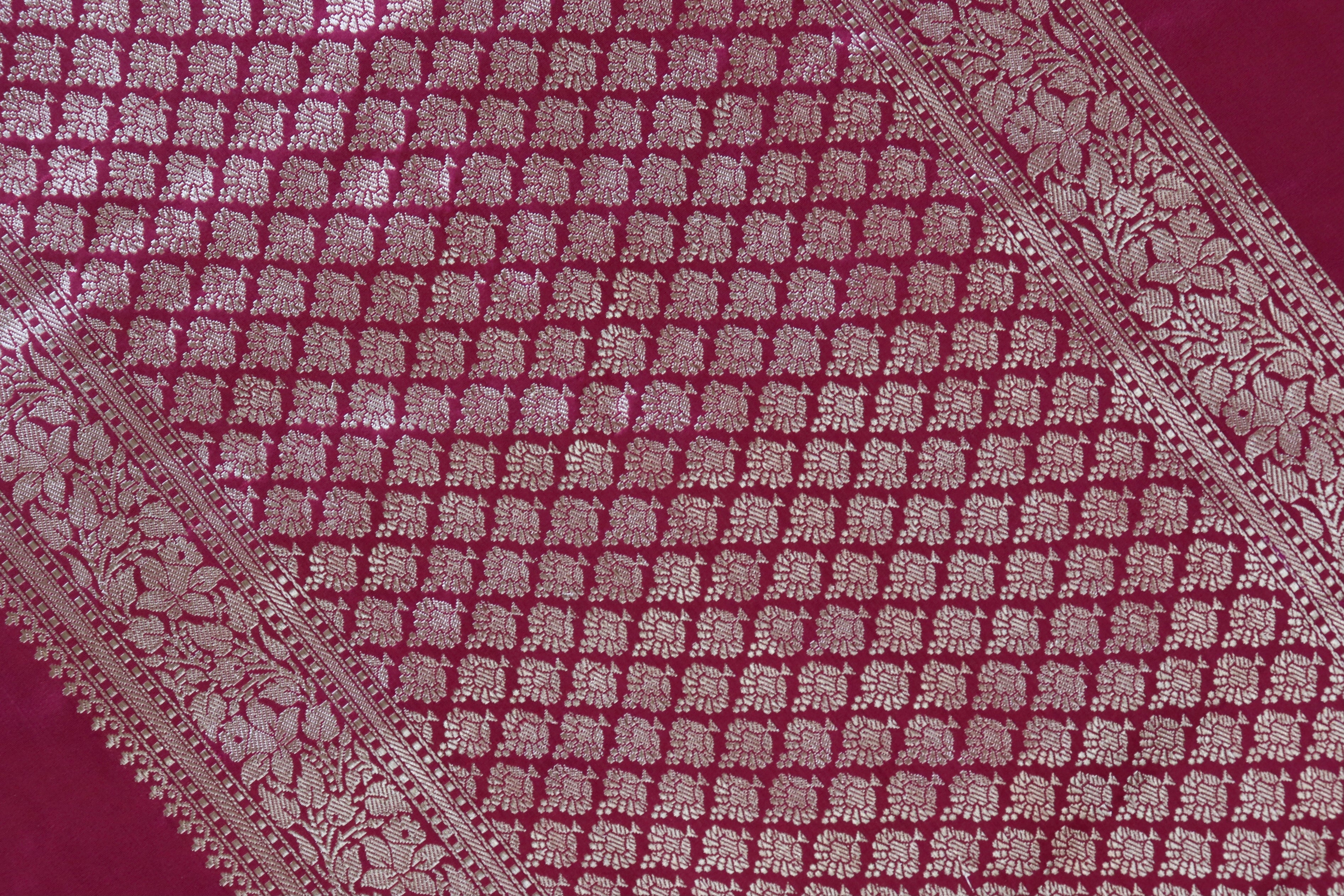 Burgundy Aada Jangla Pure Kora Silk Banarasi Saree