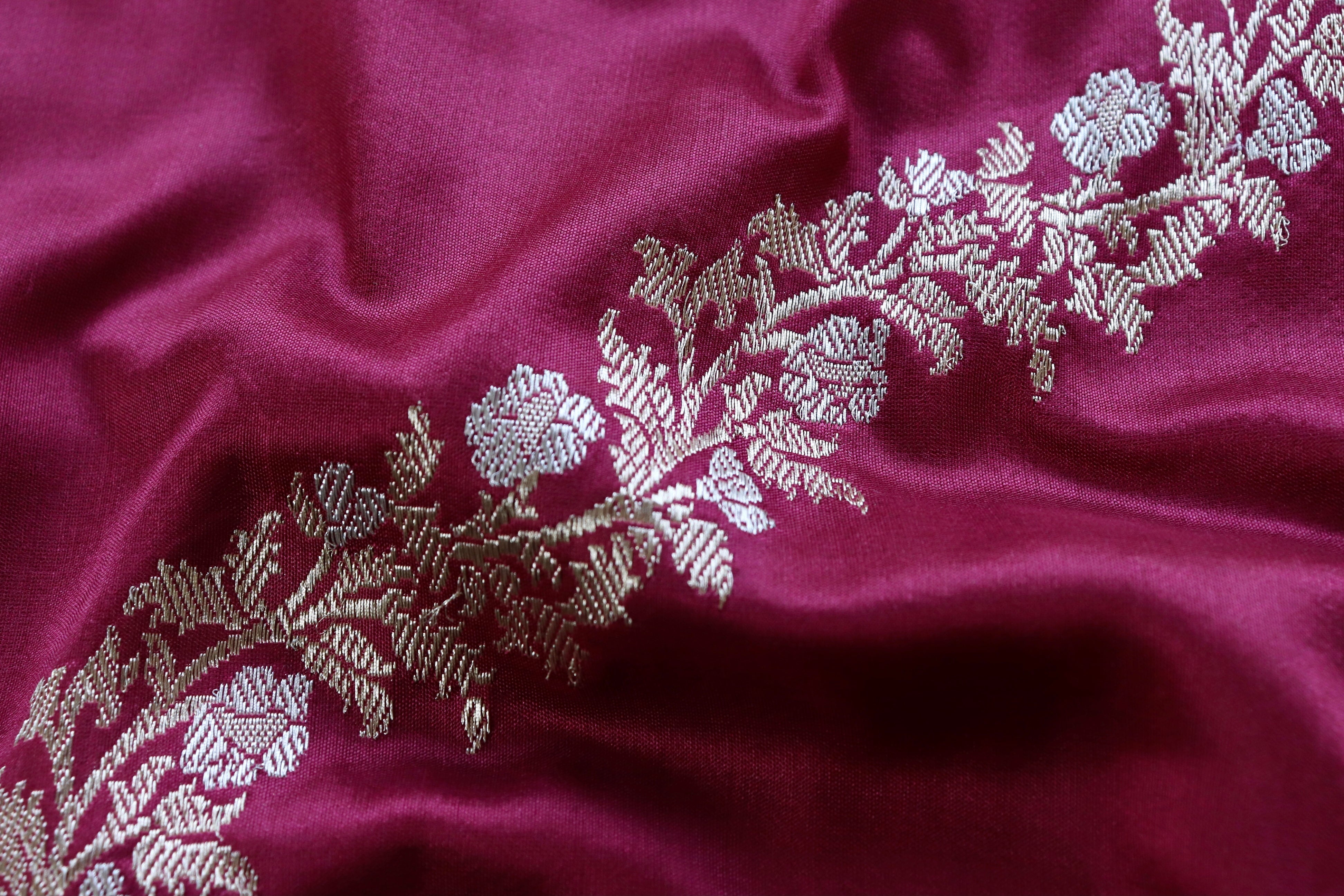 Burgundy Aada Jangla Pure Kora Silk Banarasi Saree