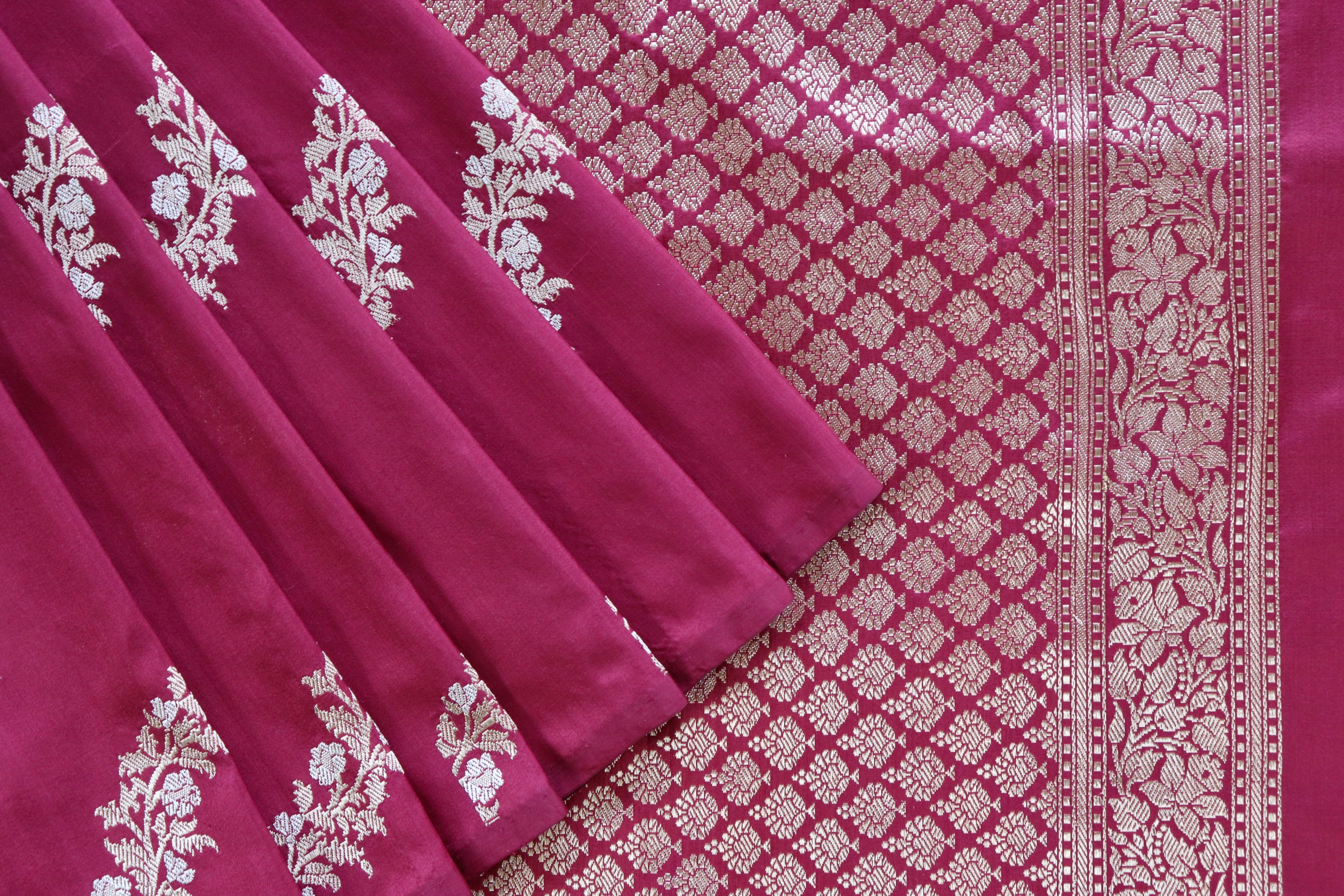 Burgundy Aada Jangla Pure Kora Silk Banarasi Saree