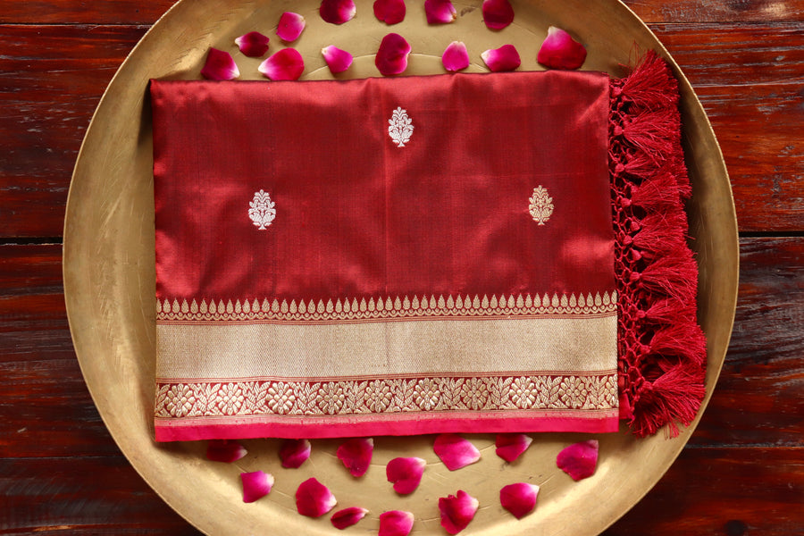 Maroon Motif Pure Silk Banarasi Dupatta | Stuti Weaves