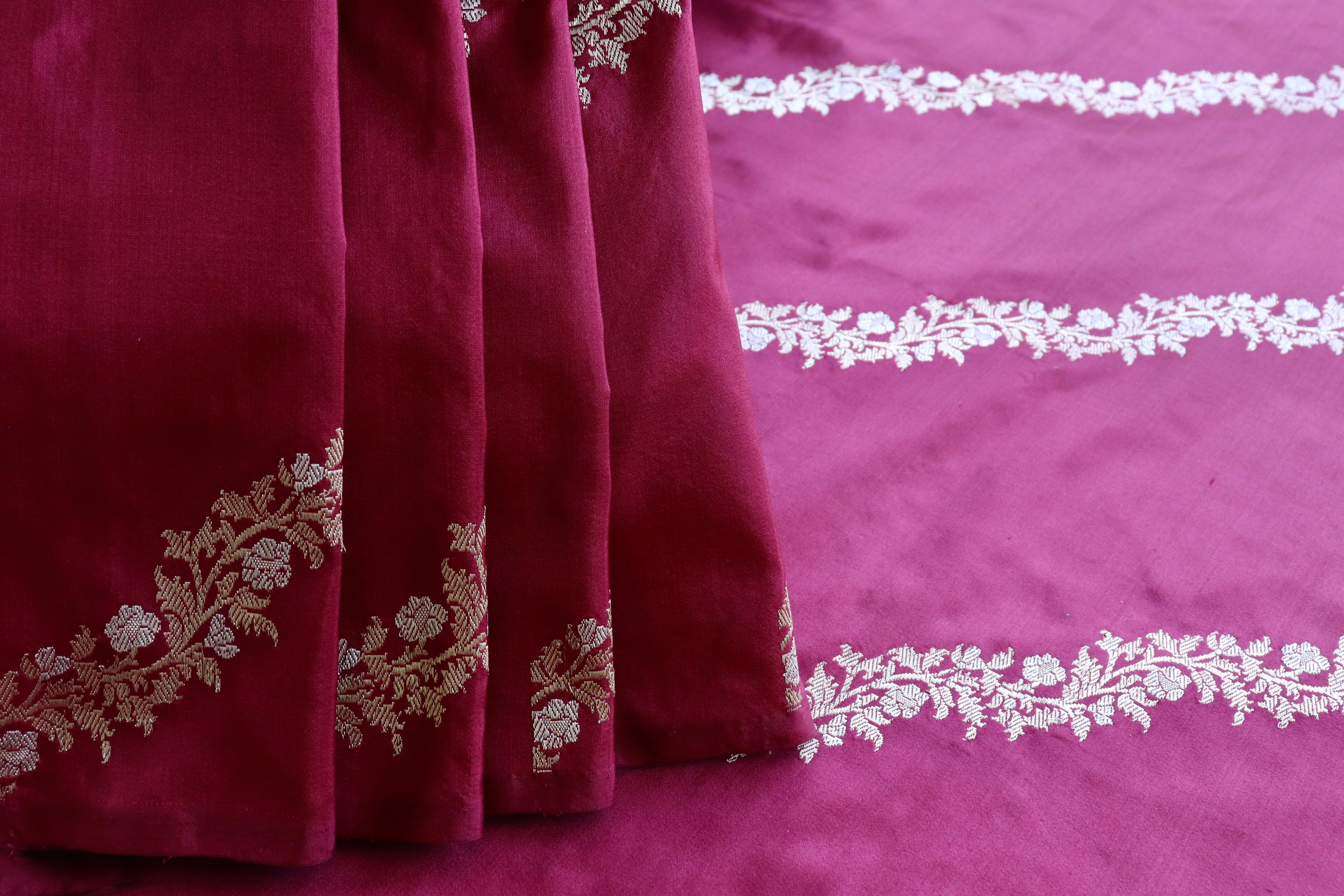 Burgundy Aada Jangla Pure Kora Silk Banarasi Saree