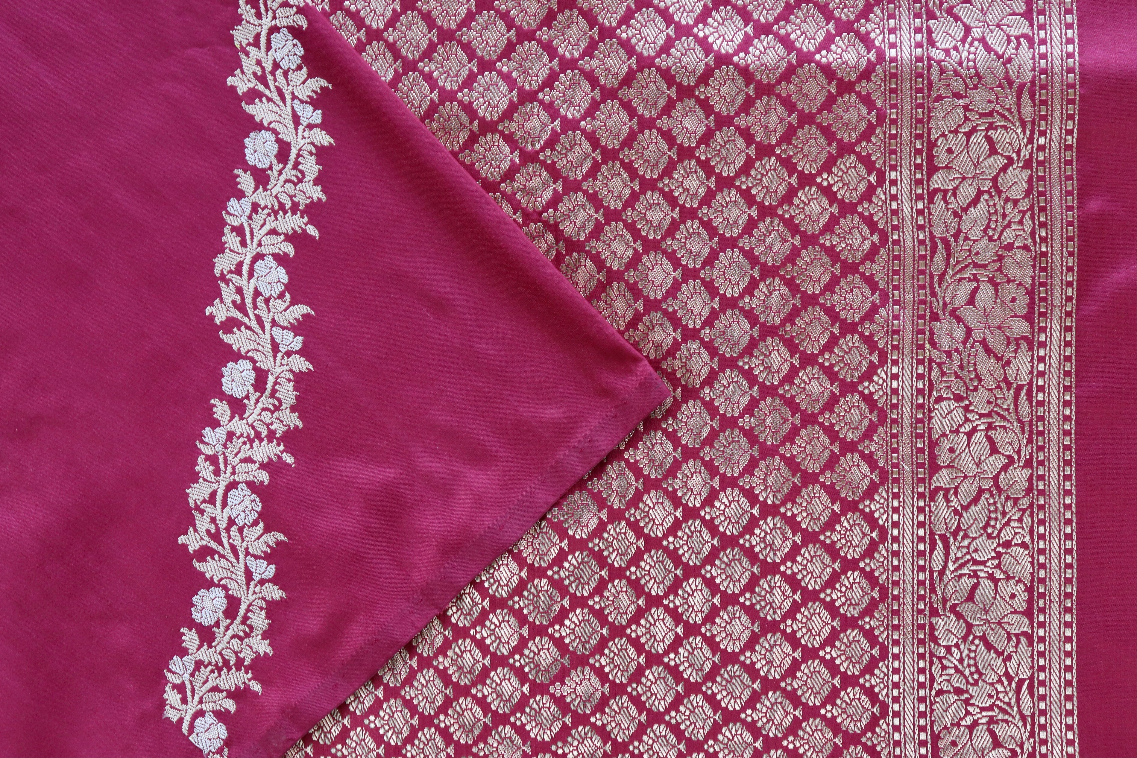 Burgundy Aada Jangla Pure Kora Silk Banarasi Saree