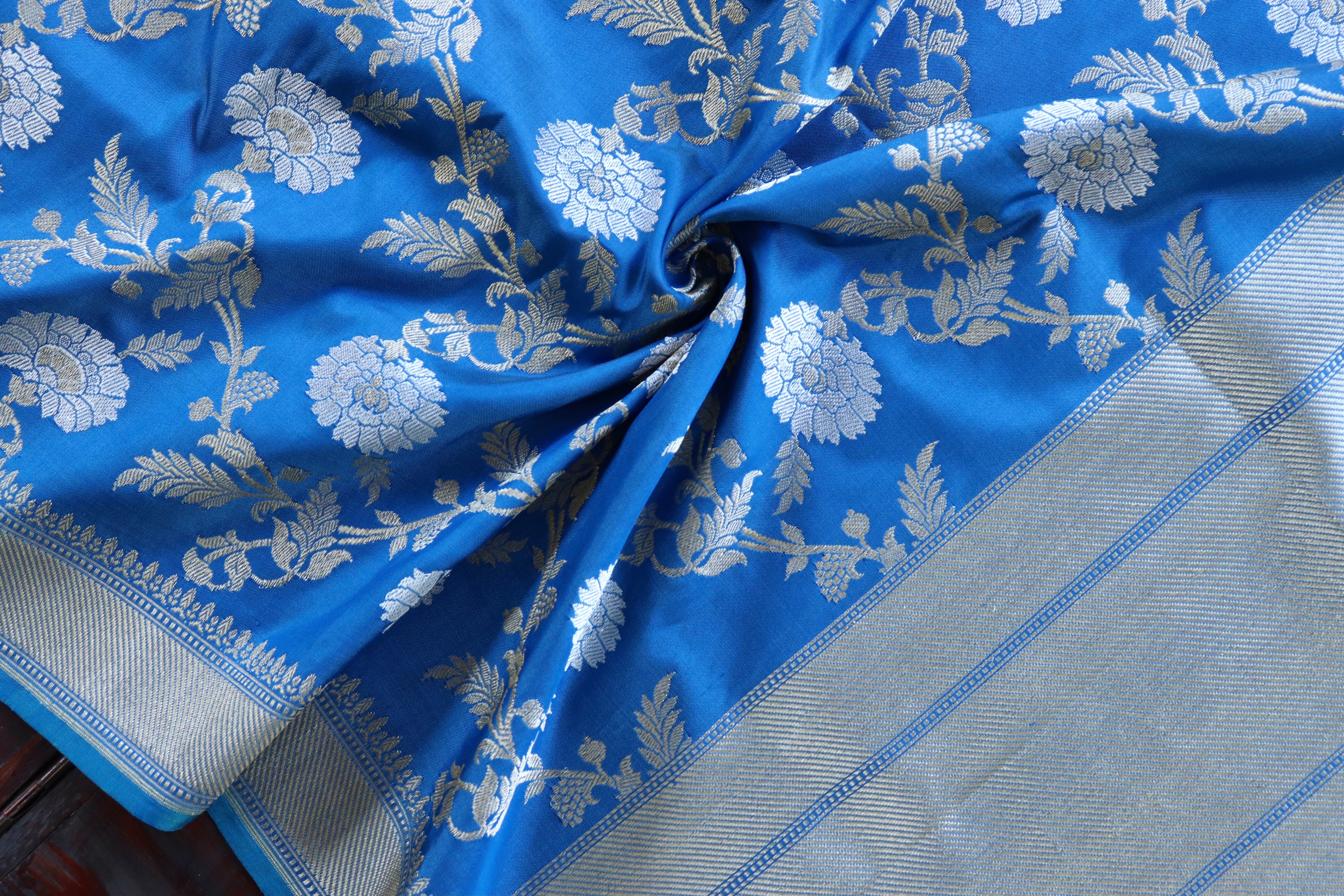 Blue Jangla Pure Silk Handloom Banarasi Dupatta