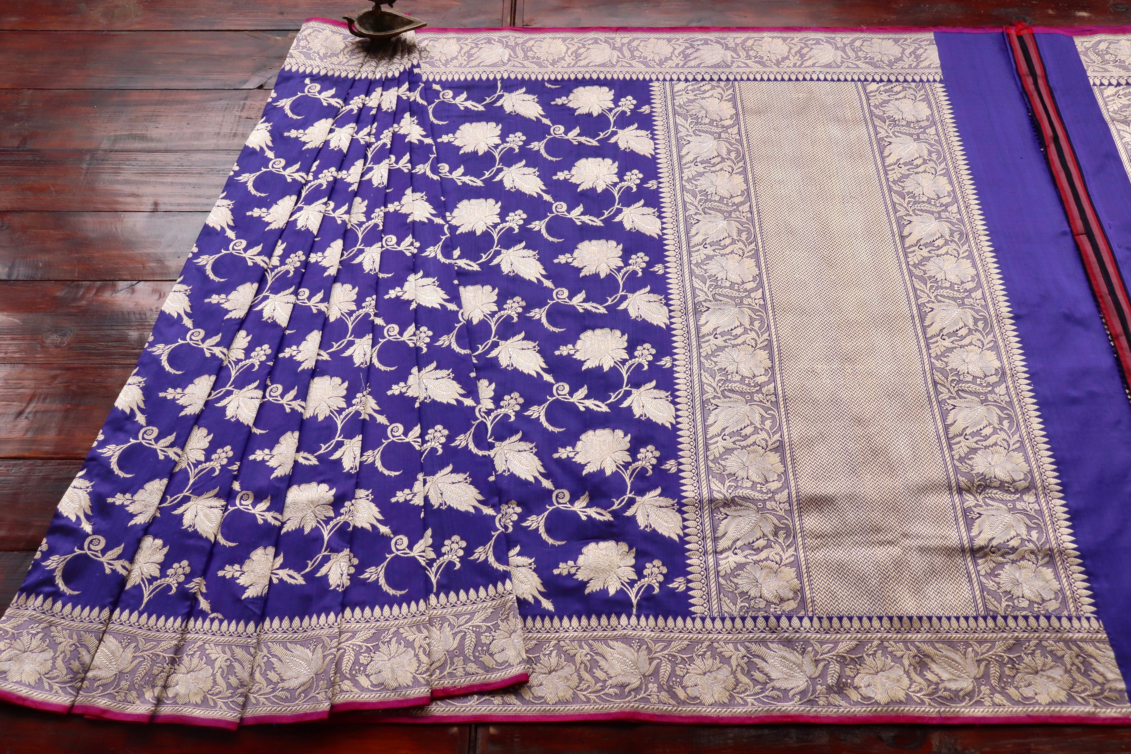 Navy Blue Chinar Jangla Pure Silk Handloom Banarasi Saree