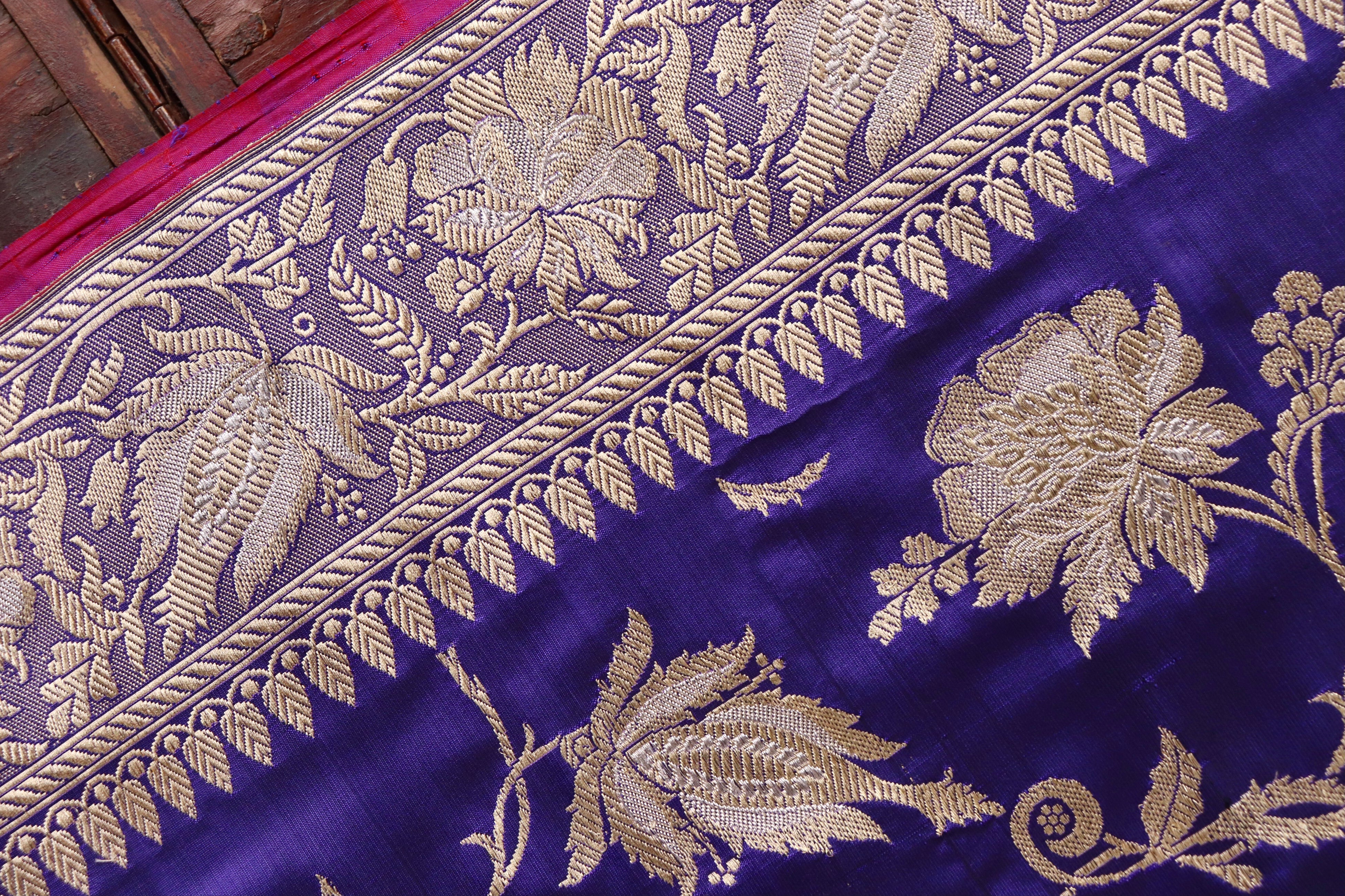 Navy Blue Chinar Jangla Pure Silk Handloom Banarasi Saree