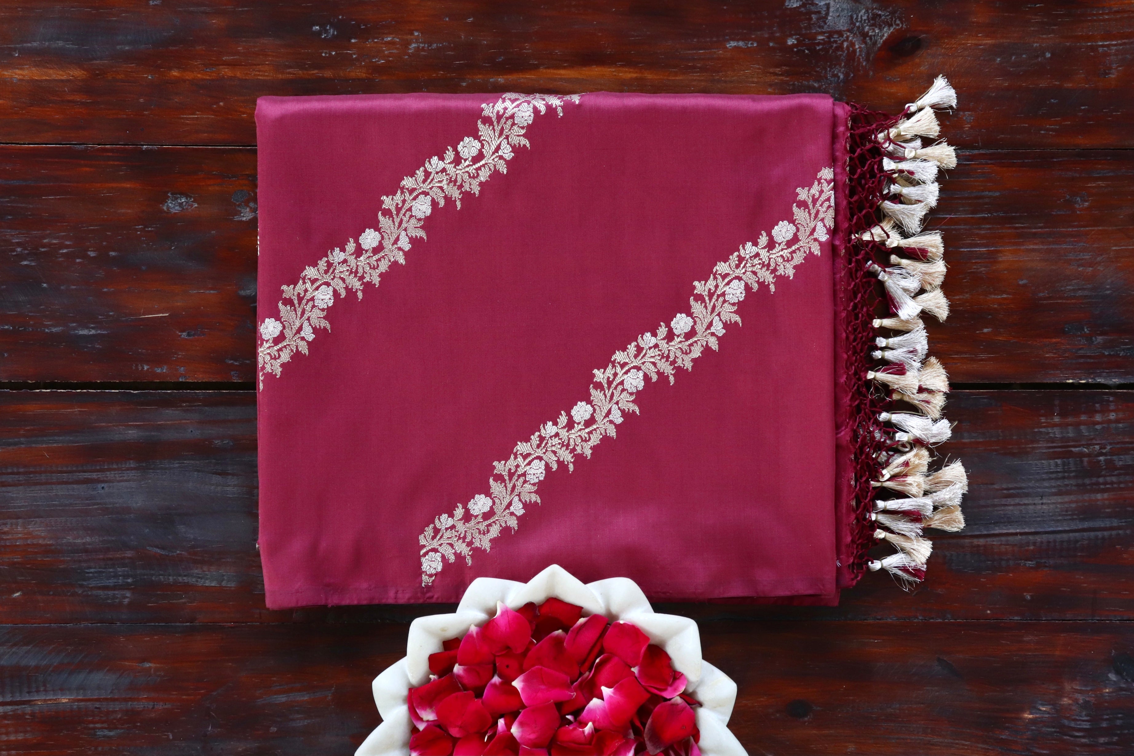 Burgundy Aada Jangla Pure Kora Silk Banarasi Saree