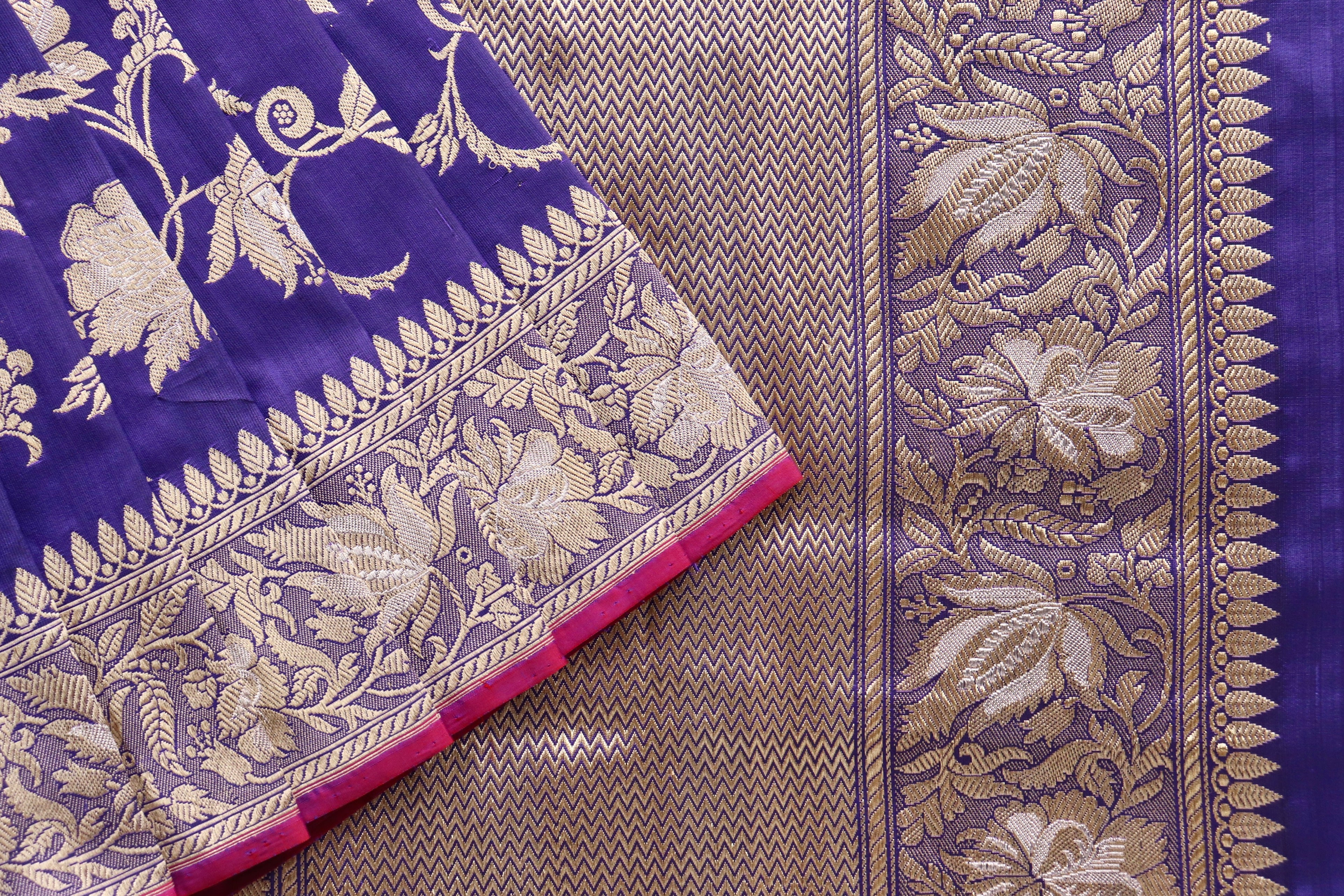 Navy Blue Chinar Jangla Pure Silk Handloom Banarasi Saree