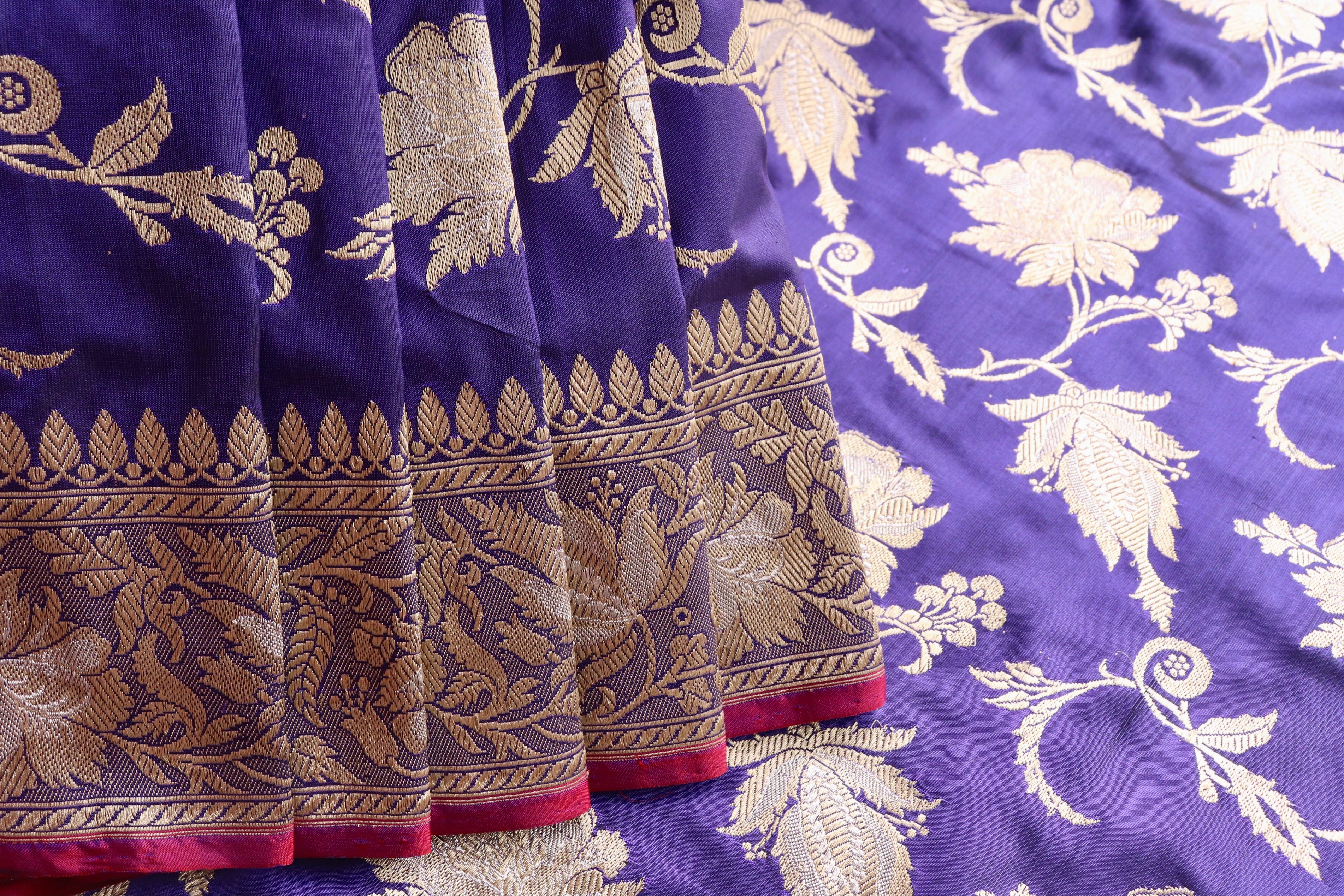 Navy Blue Chinar Jangla Pure Silk Handloom Banarasi Saree