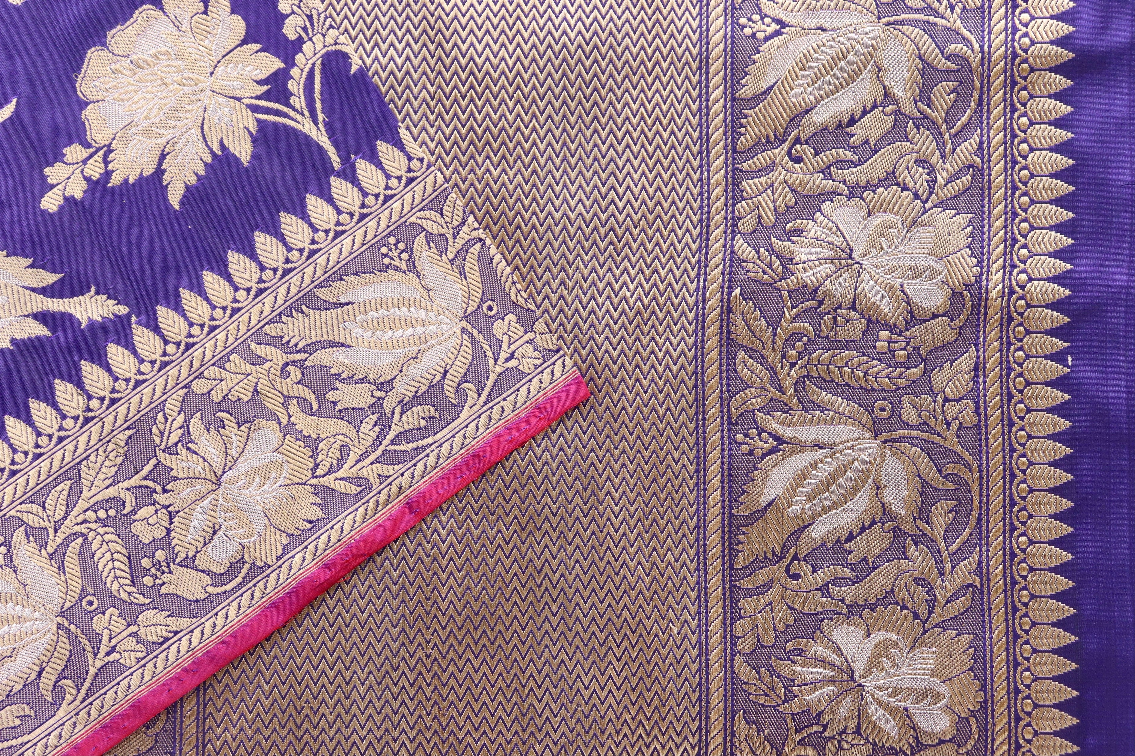 Navy Blue Chinar Jangla Pure Silk Handloom Banarasi Saree