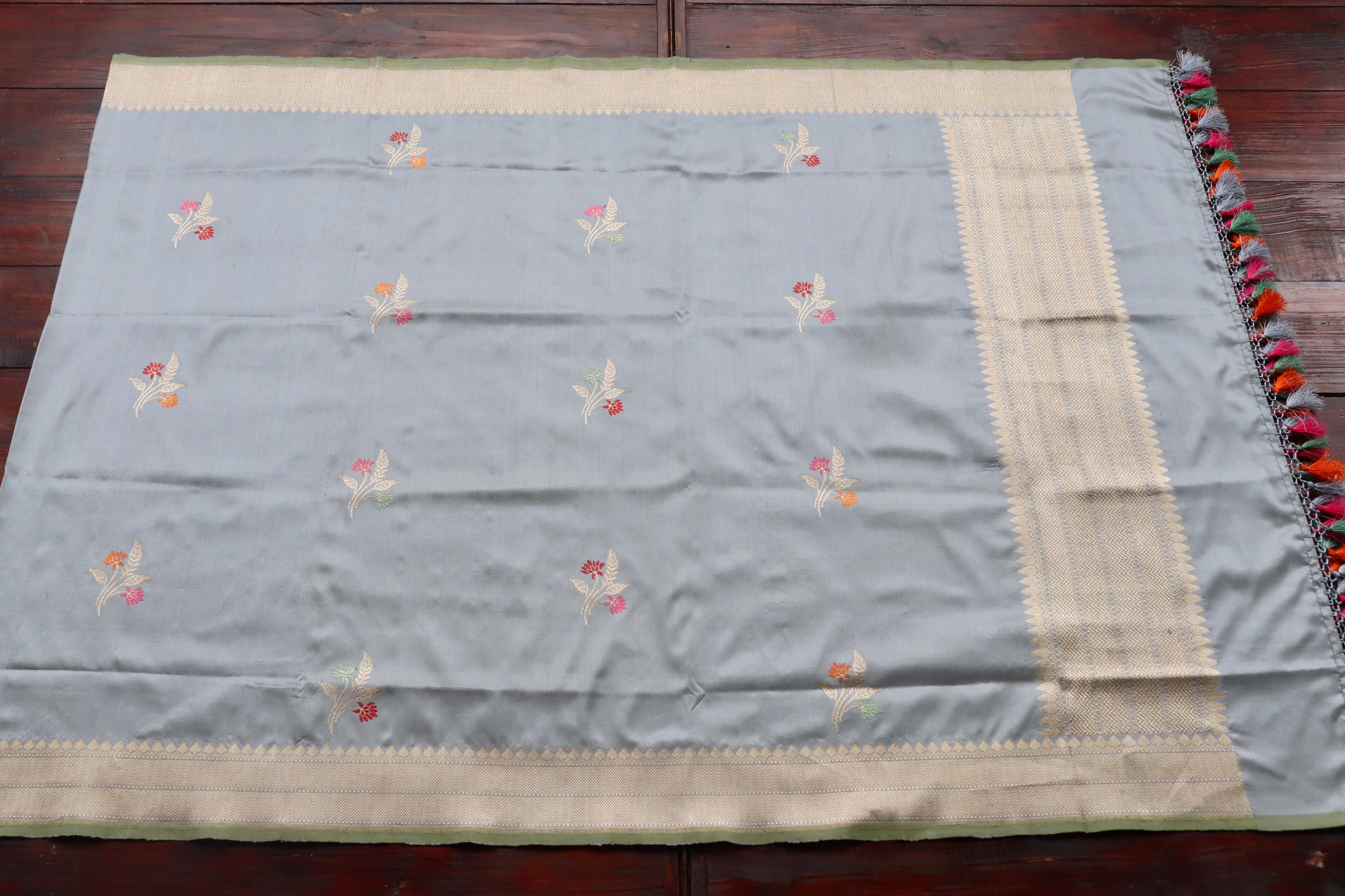 Grey Leaf Motif Pure Silk Handloom Banarasi Dupatta