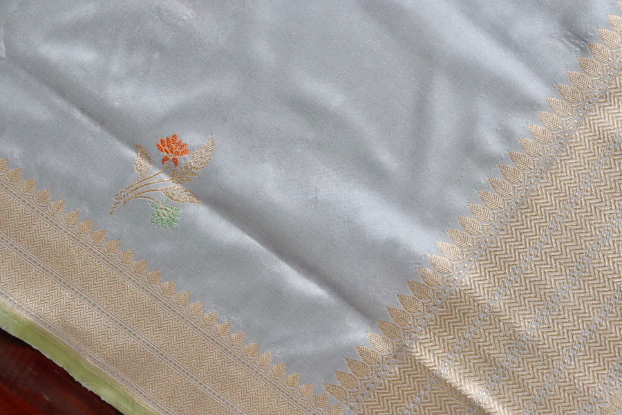 Grey Leaf Motif Pure Silk Handloom Banarasi Dupatta